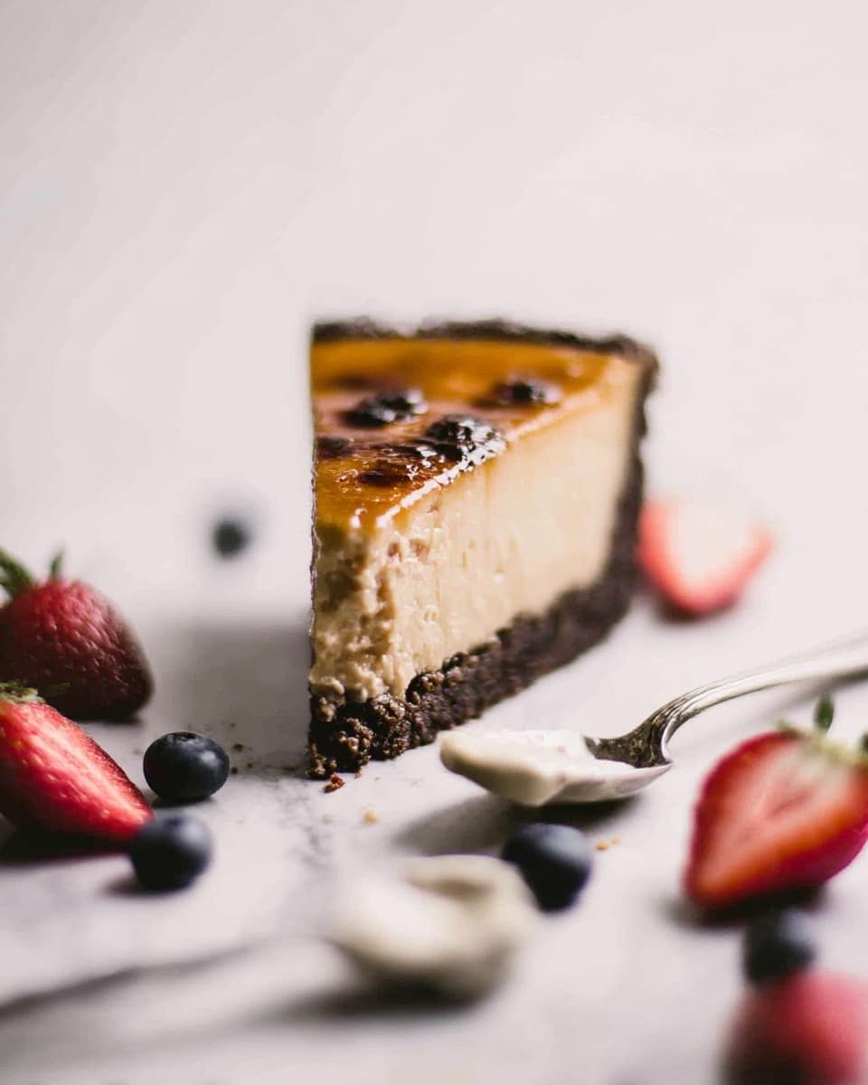 A tart with three visible layers sits in a white dish with handles on each side. The bottom layer is a dark brown crust, the middle layer is a thick pale cream filling, and the top layer is a shiny caramelized brown surface with a slightly burnt look in some spots. The tart is decorated with whole strawberries, halved strawberries showing their red inside with green tops, and small round dark blueberries, all placed around the top. One slice is missing from the tart, revealing the inside layers clearly. Behind the tart, there is a white square bowl filled with more strawberries and blueberries, all placed on a white marbled surface with a soft white cloth nearby. photo taken with an iphone --ar 4:5 --v 7