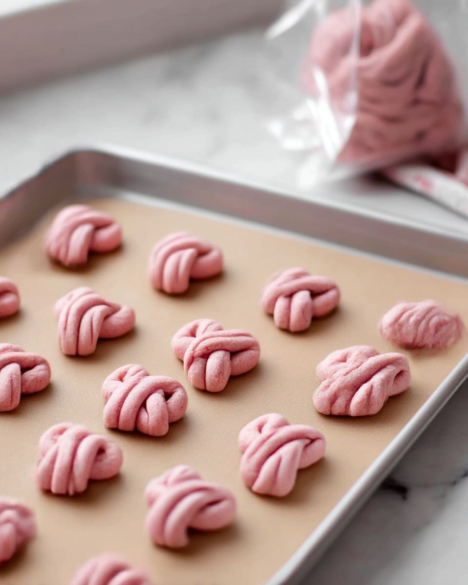 The image shows several pink twisted cookies placed on crumpled brown parchment paper, which covers a white marbled surface. The cookies have a ribbed texture and are shaped like loose knots, arranged mostly in the top right part of the frame, with a few at the bottom left. On the left side of the image, there is a small ballet dancer figurine in a white and light purple tutu, standing among shiny winter decorations including glittery silver, white, and pink balls, as well as sparkling pink snowflakes, creating a festive atmosphere. Photo taken with an iphone --ar 4:5 --v 7