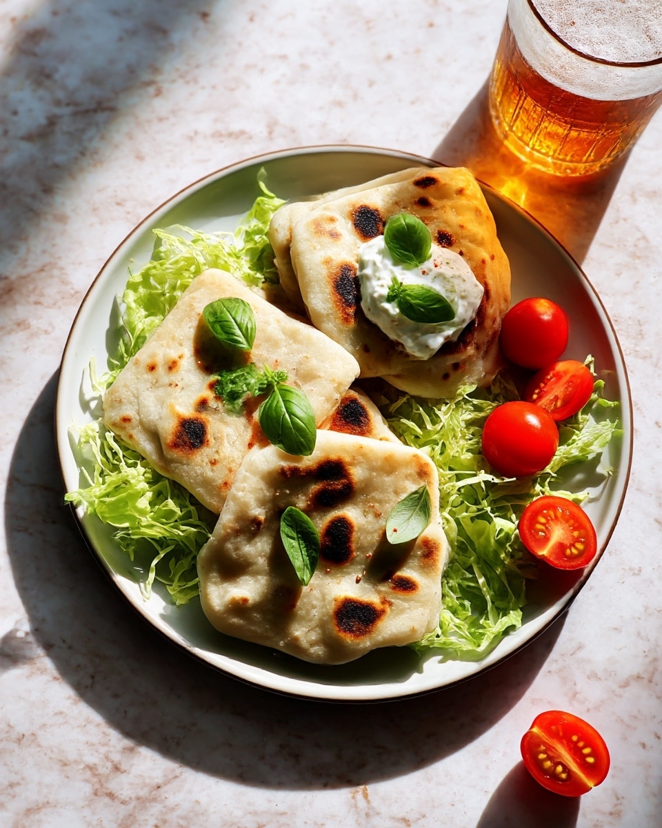 A stack of four folded flatbreads filled with several layers of ground meat, green lettuce pieces, and thinly sliced light green vegetables, all arranged in a neat vertical pile on a white sheet placed over a wooden board with a handle. The flatbread edges are toasted light brown with a slightly crisp texture, and the meat appears cooked and crumbly with some red seasoning visible. The background and surface feature a white marbled texture, with a glass of clear water and bright red cherry tomatoes on the side, adding color contrast. Photo taken with an iphone --ar 4:5 --v 7