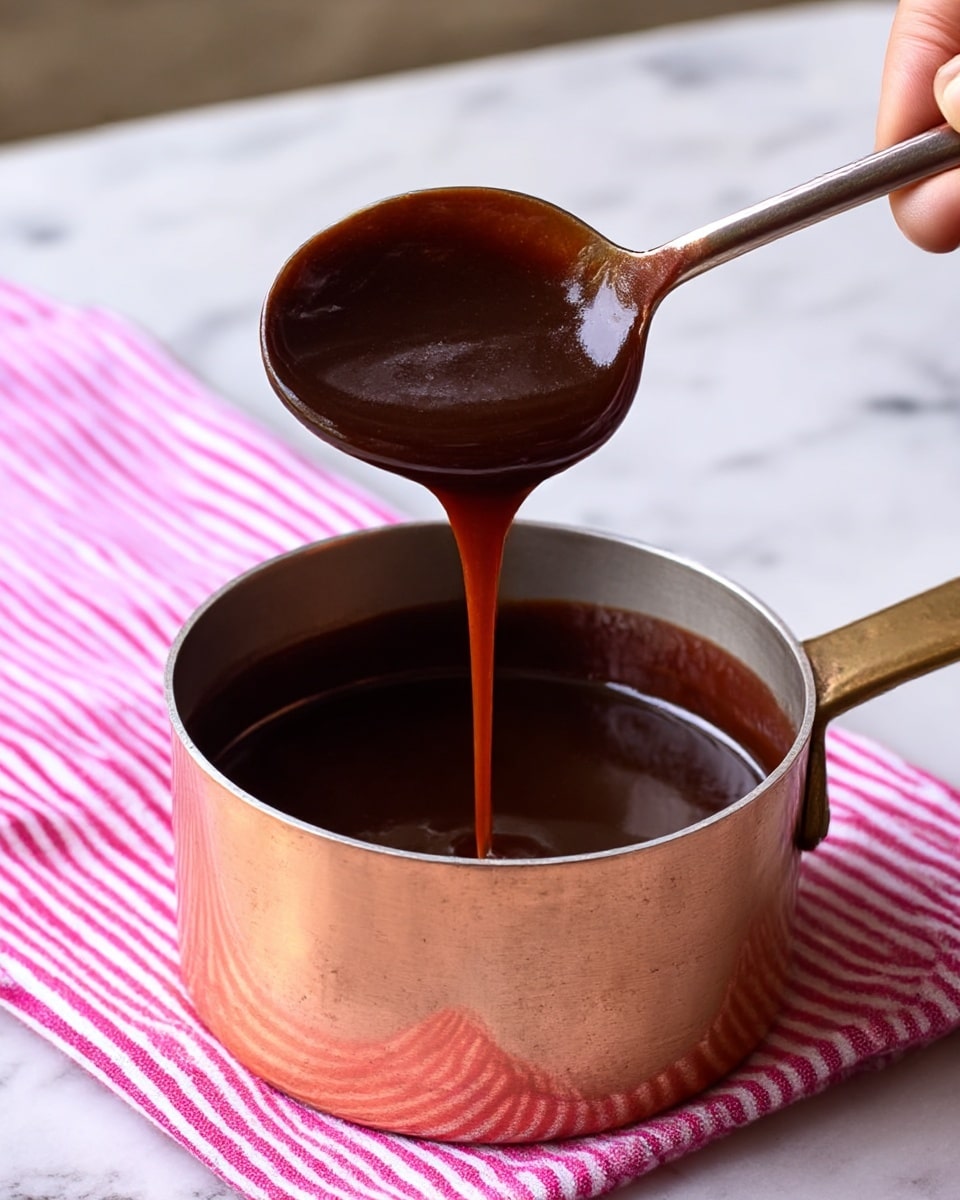 The image shows a small copper saucepan filled with thick, dark brown sauce that looks smooth and shiny. A spoon is held above the saucepan by a woman's hand, with the sauce slowly dripping back into the pan in a thin, glossy stream. The background is a white marbled surface with a pink and white striped cloth underneath the pan. The light reflects softly on the sauce, making it look rich and thick. photo taken with an iphone --ar 4:5 --v 7
