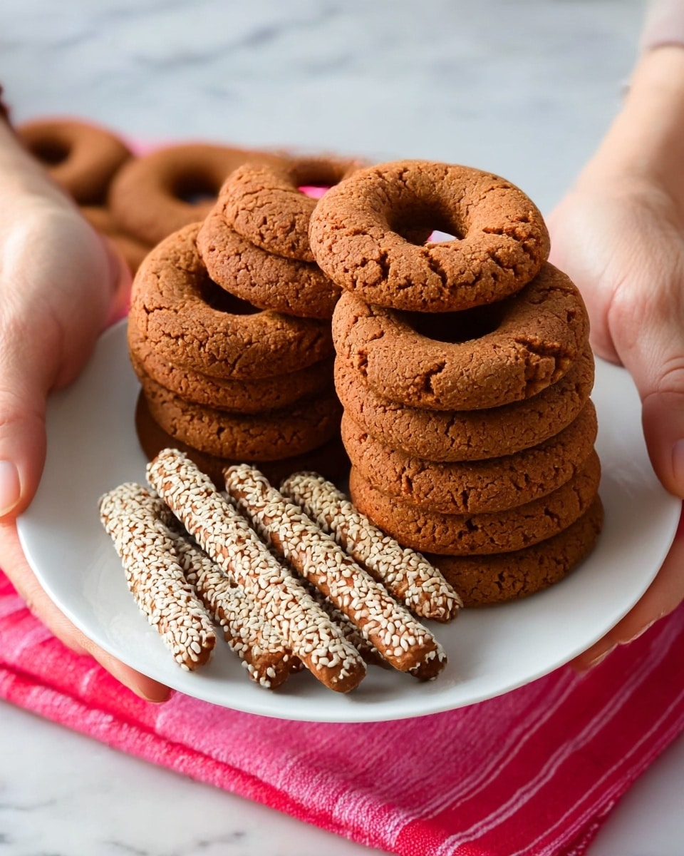 A white plate on a white marbled surface holds two stacks of round, brown cookies with holes in the center, each stack made of about seven cookies showing a rough texture and some cracks. In front of these stacks are four thin, long brown sticks covered with white sesame seeds, adding a contrast in color and texture. Two woman's hands hold the plate from the sides, and there is a red and pink striped cloth underneath the plate. Photo taken with an iphone --ar 4:5 --v 7