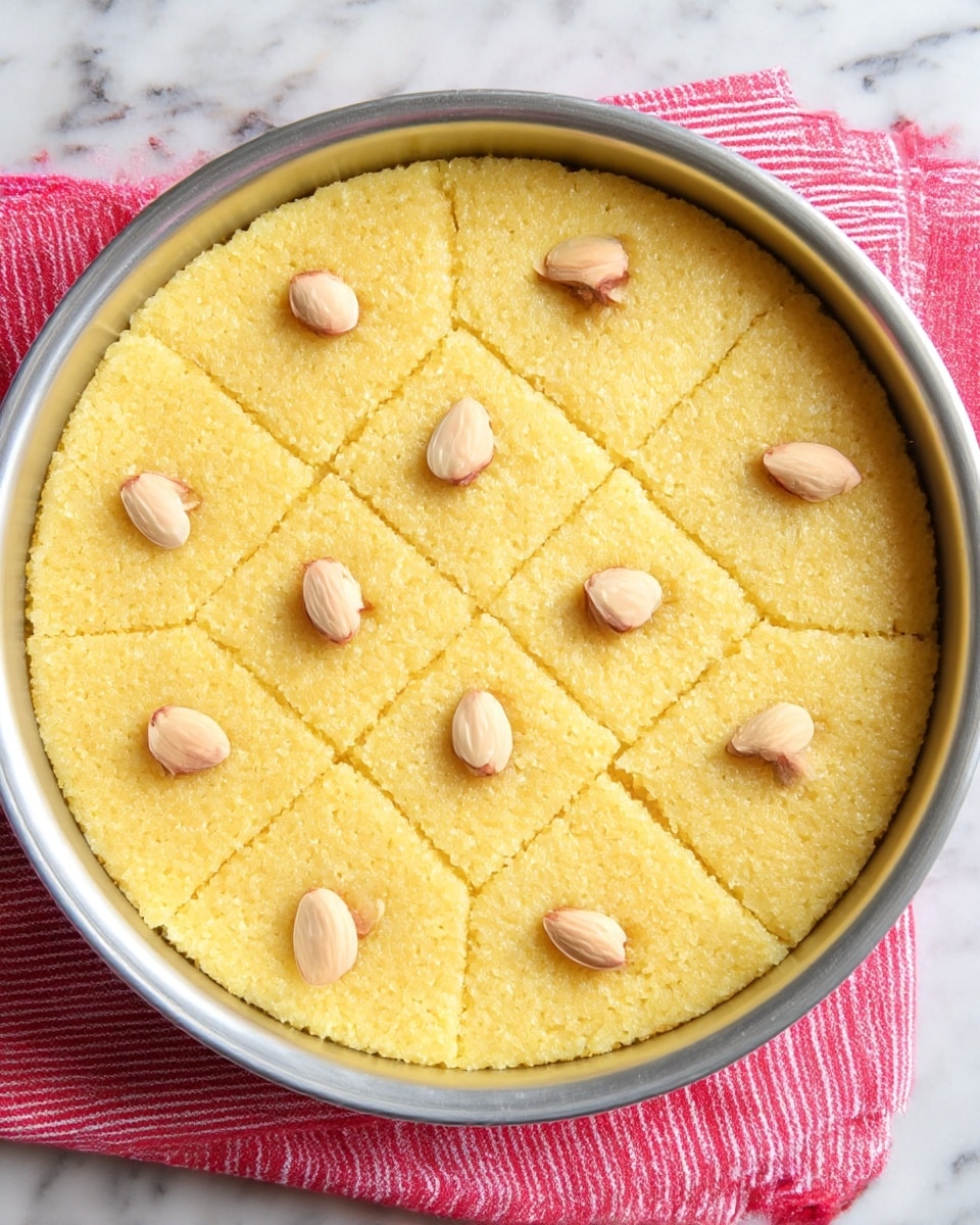 The image shows three square pieces of a golden brown cake stacked on a white plate. Each piece has a slightly shiny, darker brown top layer, with a moist, dense look and a crumbly texture below. On the top of each piece, there are three or four small light-colored nuts arranged in a cluster. The white plate is placed on a white marbled surface with a pink-striped background visible behind it. photo taken with an iphone --ar 4:5 --v 7