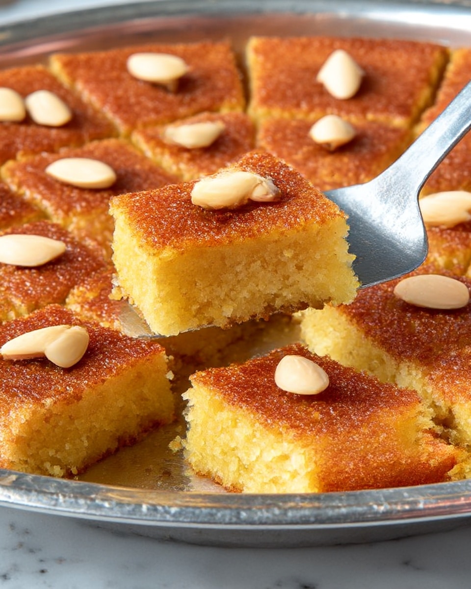 A close-up view of a golden brown dessert with a slightly crispy top layer, cut into square pieces arranged in a circle on a silver tray with a white marbled surface underneath. Each square is decorated with three light beige nuts arranged in a triangle on top. The dessert has one visible layer that is moist and crumbly in texture with a warm yellow color inside. A metal spatula is lifting one piece, showing the thickness and soft texture. Photo taken with an iphone --ar 4:5 --v 7