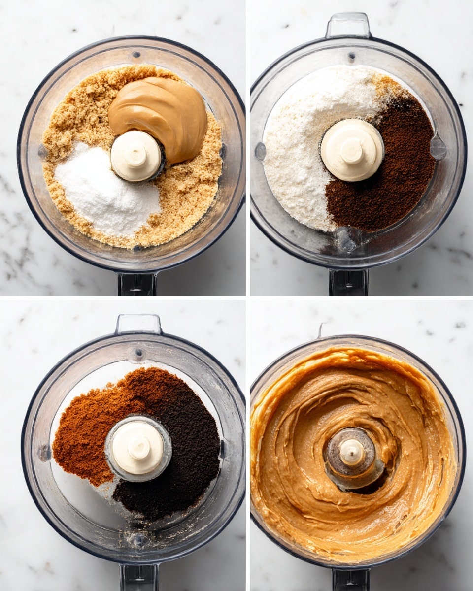 A top view of a clear food processor bowl on a white marbled surface with layers of ingredients inside. The base layer is a crumbly light brown mixture, topped with white powder, a smooth tan dollop, dark brown powder, and a thick syrup-like dark liquid. In the second image, the ingredients are blended into a thick, even, light brown creamy paste that coats the blade inside the bowl. Photo taken with an iphone --ar 4:5 --v 7