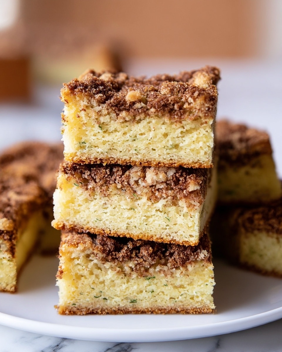 The image shows a close-up of four square slices of crumb cake stacked on a white plate, each slice having two layers: a thick, moist, light yellow cake base with small green specks inside and a dark brown crumbly topping with a rough texture. The front slice is placed horizontally on top of two vertical slices at the bottom, and the background is blurred with warm tones. The scene is set on a white marbled surface. Photo taken with an iphone --ar 4:5 --v 7