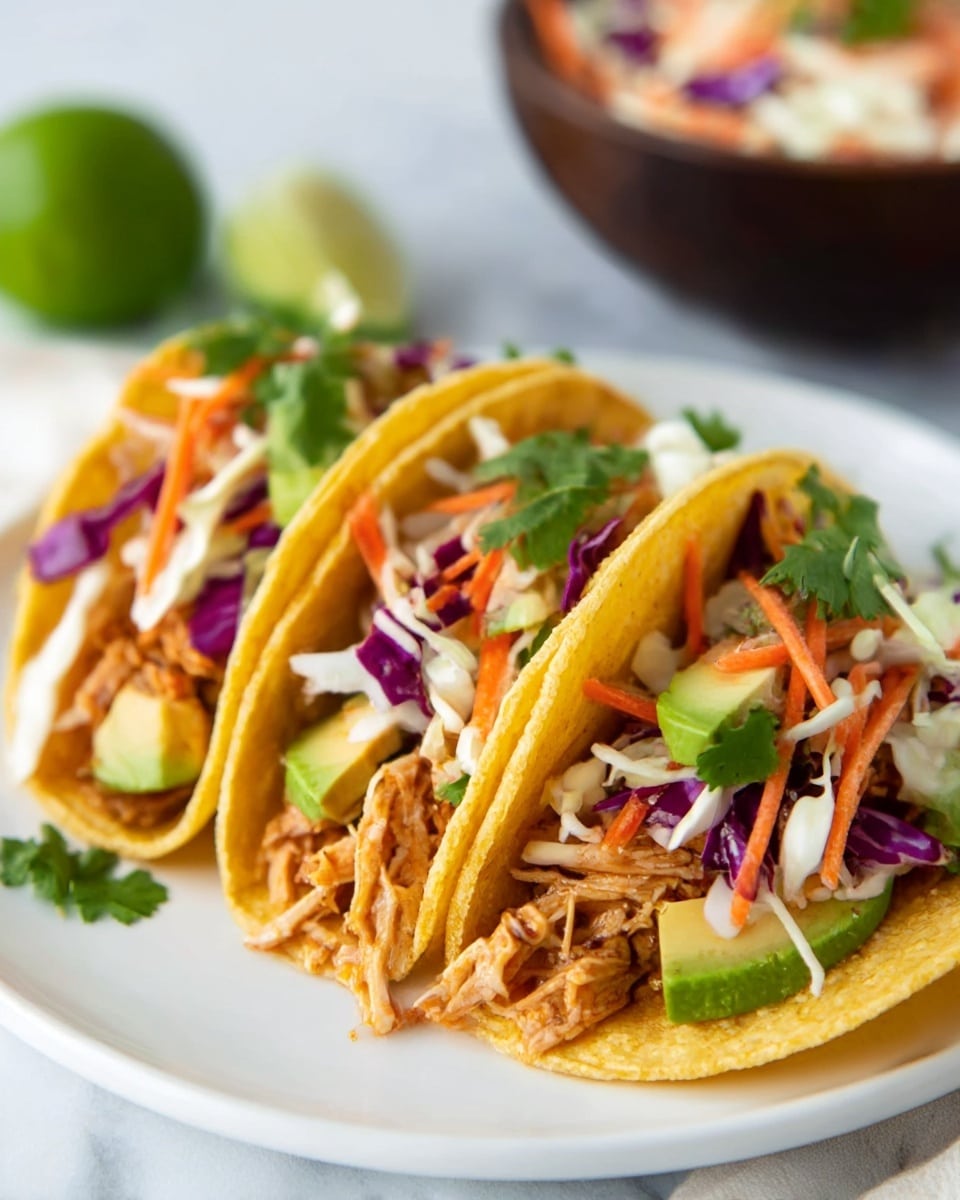 Three yellow corn tacos filled with shredded light brown chicken as the bottom layer, topped with a mix of thin shredded orange carrots, white and purple cabbage, and green cilantro scattered on top. Each taco also has slices of light green avocado peeking through the colorful vegetables. The tacos are placed side by side on a white plate with a white marbled background. In the background, a dark bowl with similar shredded vegetables and a half-cut lime sit slightly out of focus. Photo taken with an iphone --ar 4:5 --v 7