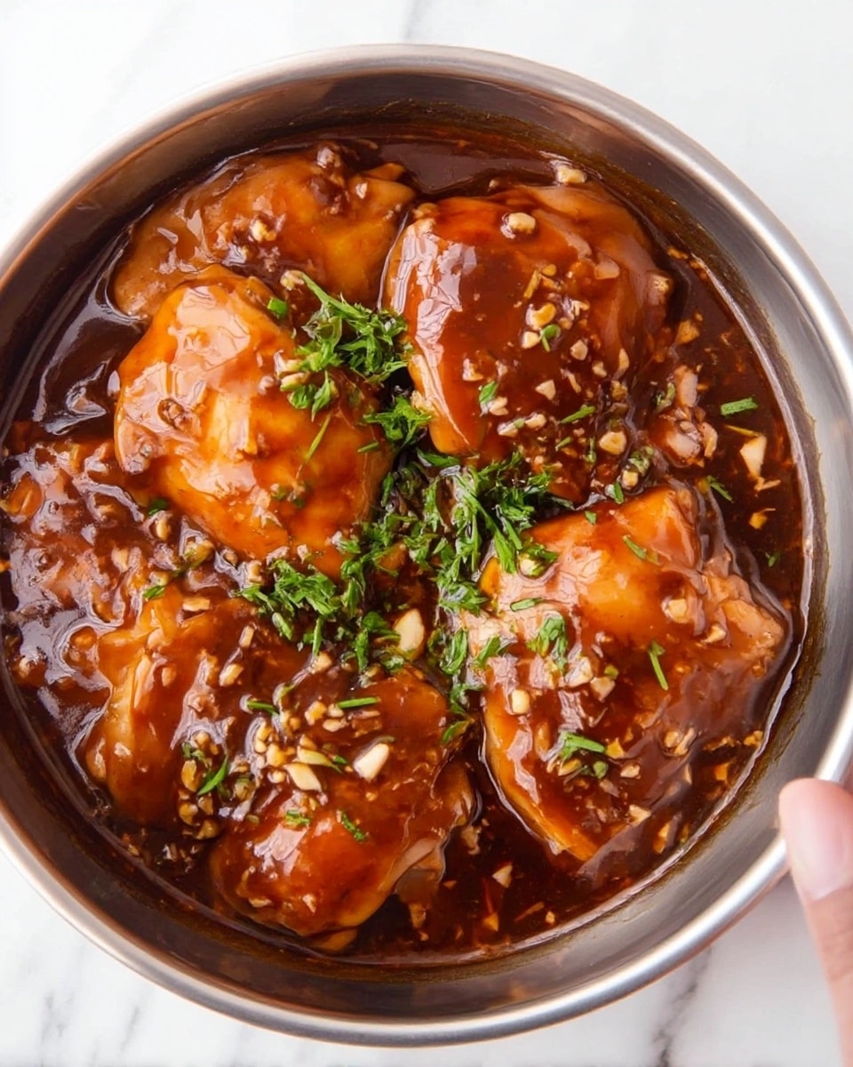 The image shows several pieces of grilled chicken thighs in a black pan. Each chicken piece is covered in a shiny, thick reddish-brown barbecue sauce with visible char marks, giving a glossy and slightly sticky look. The chicken is topped with small pieces of chopped green onions, adding a fresh green color that contrasts with the rich sauce. The sauce pool around the chicken reflects light, making the dish look moist and flavorful. The overall composition is tight and close-up, highlighting the texture of the grilled chicken and sauce. photo taken with an iphone --ar 4:5 --v 7