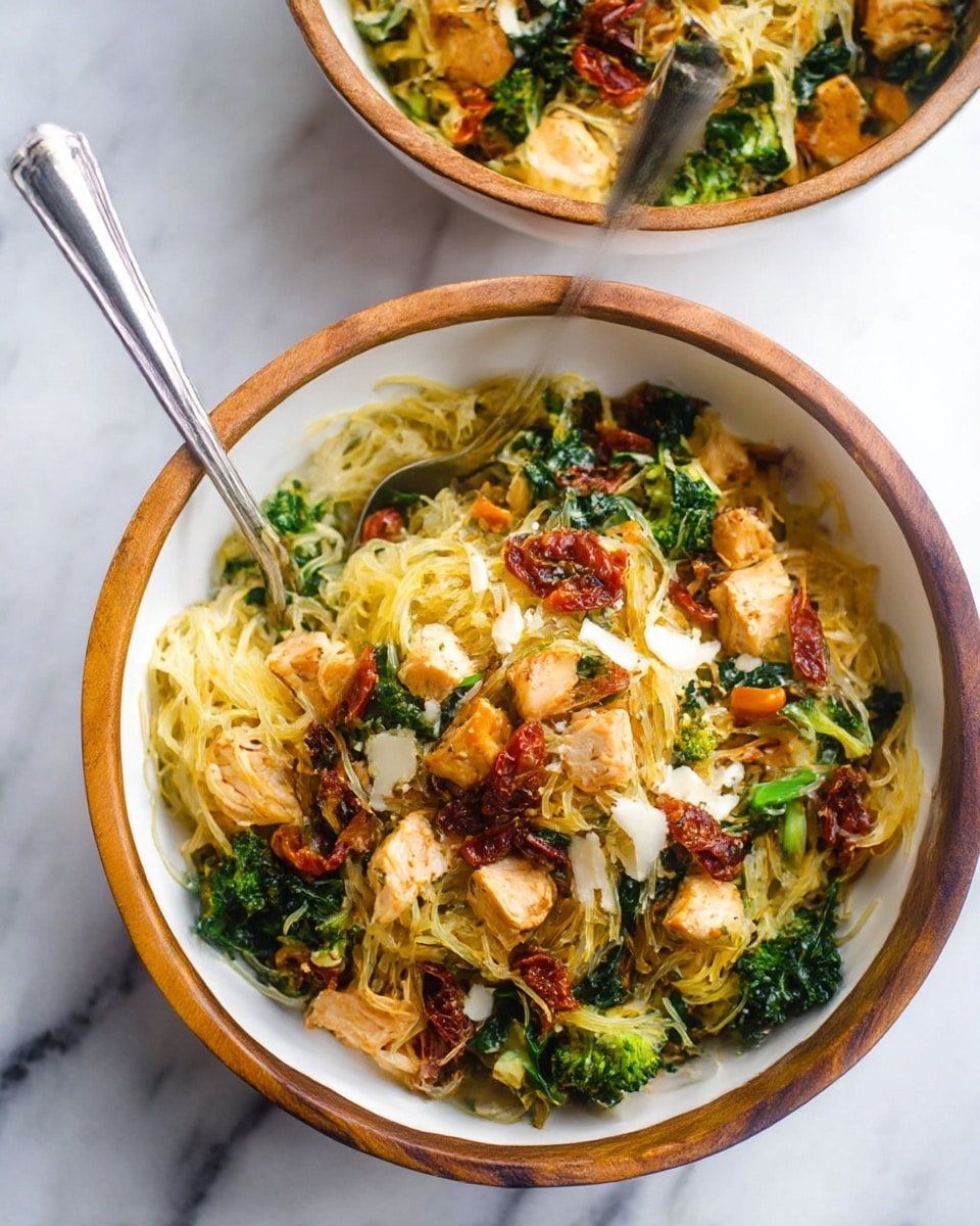 The image shows a white wooden bowl filled with a colorful mix of food layers. The base layer is light yellow spaghetti-like strands mixed with scattered small green broccoli pieces. On top of this are small cubes of light brown cooked chicken mixed with dark green spinach and red sun-dried tomatoes. Small white cheese chunks are spread over the whole dish, adding texture and contrast. The bowl is placed on a white marbled surface, and a shiny silver fork rests inside the bowl, leaning on the edge. Another similar bowl is partially visible behind it. Photo taken with an iphone --ar 4:5 --v 7