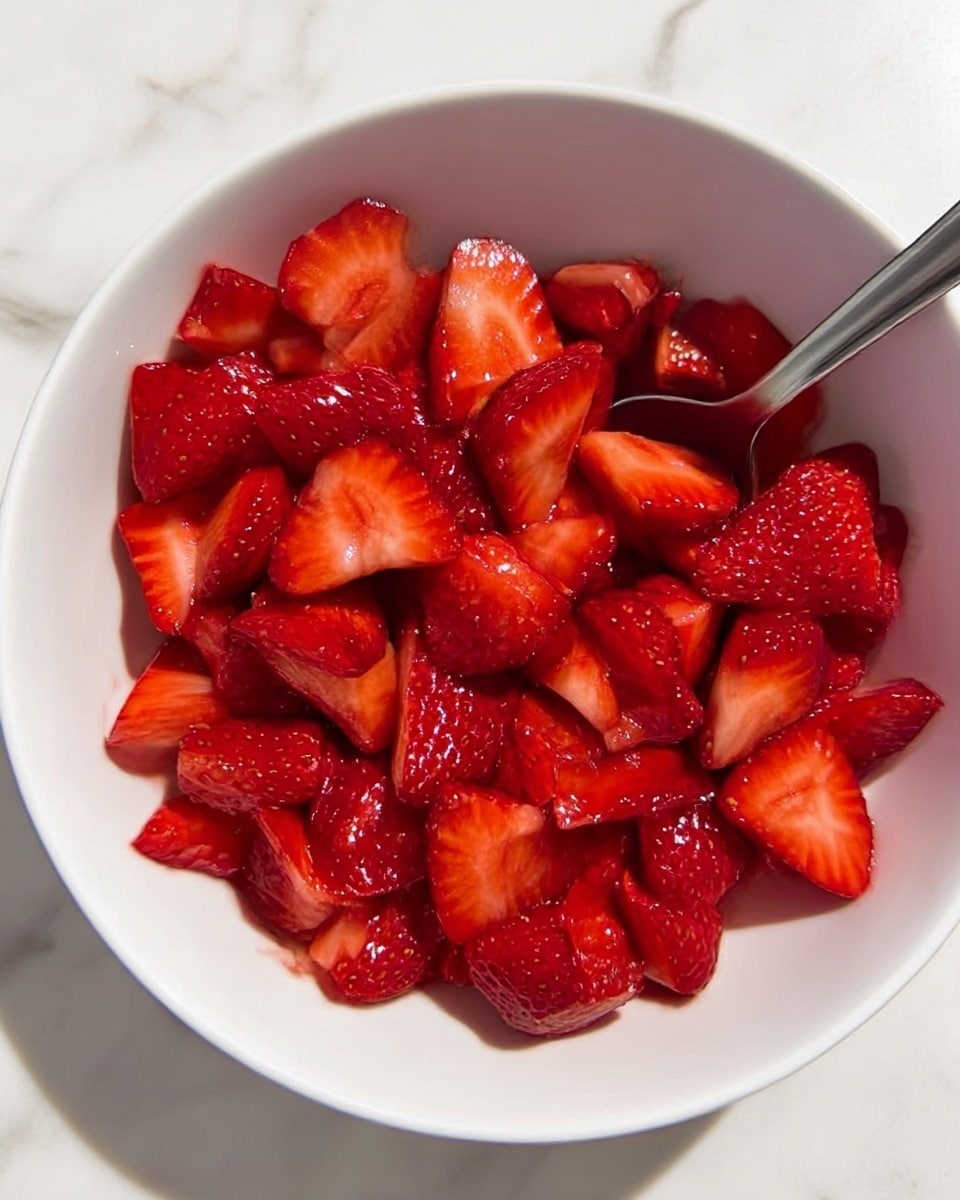 A white plate with a biscuit split into two halves, the bottom half topped with white cream and bright red sliced strawberries, and the top half placed next to it. Two whole strawberries with green leaves sit beside the biscuit. A gold fork rests on the right side of the plate. In the upper part of the image, another white plate shows more biscuits topped with white cream and sliced red strawberries. To the left of the plate is a dark brown bowl filled with whole red strawberries. The background is a white marbled texture with a blue and white striped cloth partially visible at the bottom photo taken with an iphone --ar 4:5 --v 7