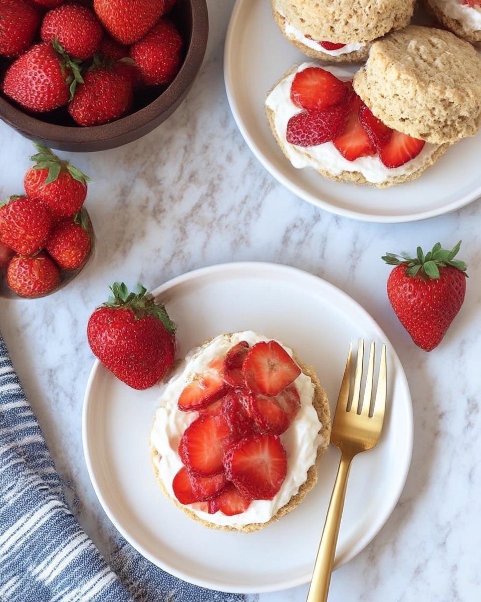 A white plate with a golden fork on the right side holds a three-layer strawberry shortcake. The bottom layer is a light brown biscuit with a rough texture. On top of it, there is a thick layer of white whipped cream, followed by bright red chopped strawberries. Another biscuit layer sits above, topped with a dollop of whipped cream and a whole strawberry. Around the plate, there are small pieces of strawberries. In the background, a white plate with two more shortcakes is visible, along with a small white bowl filled with whole strawberries, all placed on a white marbled surface. photo taken with an iphone --ar 4:5 --v 7