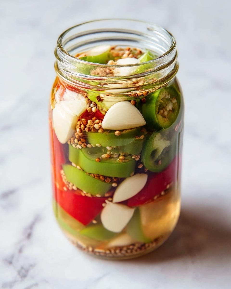 A clear glass jar filled with layers of colorful pickled peppers immersed in clear liquid. The bottom layer has orange and red whole peppers, above them are sliced green peppers showing white seeds inside. The top layer has sliced pale yellow peppers mixed with small round brown seeds and thin white slices of garlic floating in the liquid. The jar is placed on a white marbled surface. photo taken with an iphone --ar 4:5 --v 7