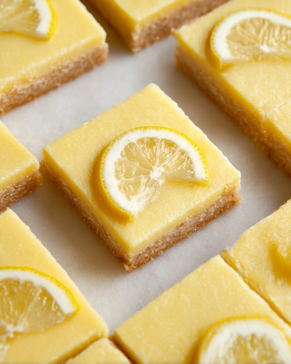The image shows a stack of five square lemon bars placed on a white marbled surface. Each bar has two layers: a light yellow smooth top layer and a thicker, crumbly beige base layer. The top bar in the stack is garnished with a thin, bright yellow lemon slice positioned at the top center. Around the stack, several more lemon bars lie flat on the white marbled surface, some also topped with lemon slices. The background is softly blurred, featuring a half lemon. The overall look is fresh and inviting, with a contrast between the soft, smooth top layer and the textured base. photo taken with an iphone --ar 4:5 --v 7