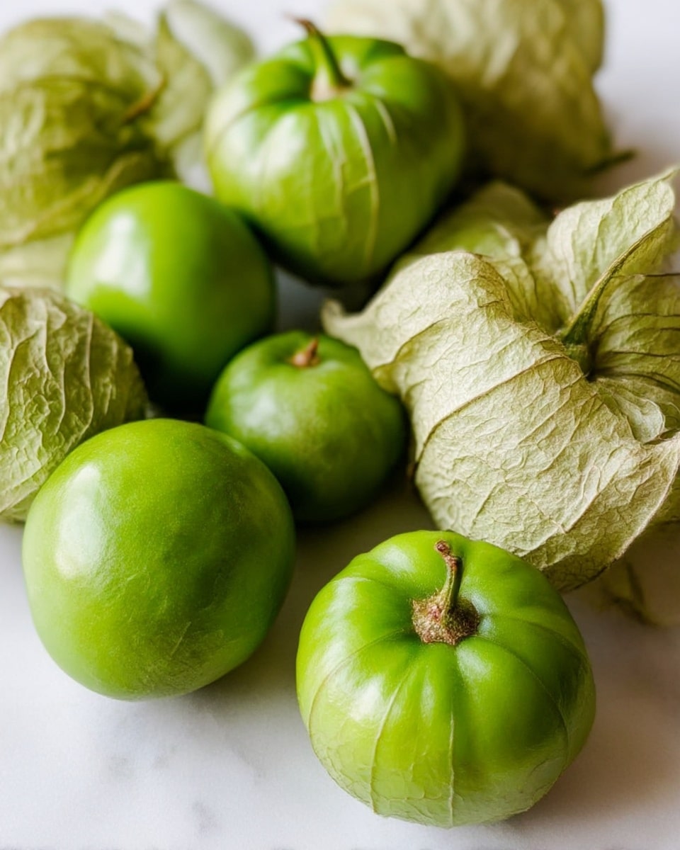 A close-up image showing several small, round green tomatillos with their papery husks. Some tomatillos are bright green and smooth with small stems, while others are covered in light green, crinkled husks partially open around the fruit. They are placed on a white marbled surface. photo taken with an iphone --ar 4:5 --v 7
