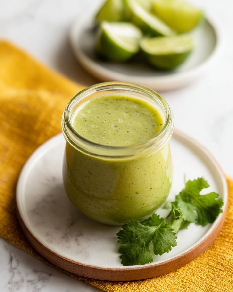 A clear glass jar filled with a thick green sauce that has small bits of seeds and herbs throughout, showing a slightly chunky texture. The jar sits on a white plate with a rich wooden texture. In front of the jar, a small bunch of fresh green cilantro leaves rests on the plate. In the blurred background to the right, there is a white bowl containing several lime wedges on a white marbled surface. Photo taken with an iphone --ar 4:5 --v 7