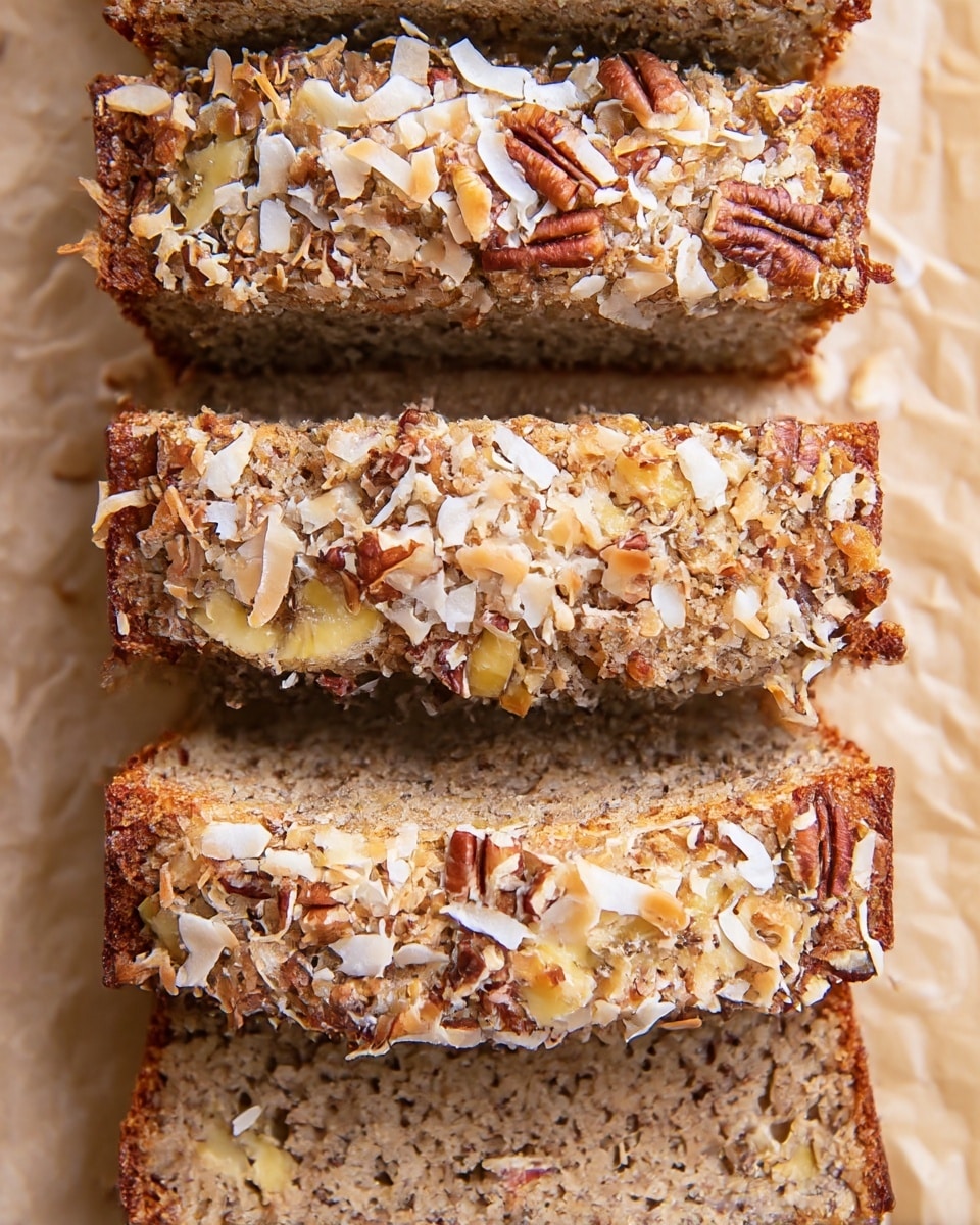 Four slices of banana bread are stacked closely on top of each other on light brown parchment paper. Each slice has a rough light brown texture with small pieces of yellow banana inside. The top of every slice is covered with toasted coconut flakes and chopped pecans, adding a crunchy texture with a mix of cream and dark brown colors. The edges are slightly darker, showing a well-baked crust. The whole bread looks soft and moist inside with crumbly toppings. photo taken with an iphone --ar 4:5 --v 7