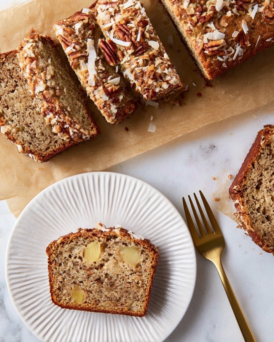 A close-up view shows a thick slice of banana nut bread on a white plate with textured edges. The bread has two layers: the top layer is light brown with small dark specks and bits of mashed banana visible, while the bottom layer is a mix of brown nuts and shredded toasted coconut sticking out unevenly along the slice's edge, adding texture and contrast. Behind the plate are more slices of the same bread, slightly blurred. A gold fork rests on the plate beside the bread, and the whole scene is set on a white marbled surface. Photo taken with an iphone --ar 4:5 --v 7