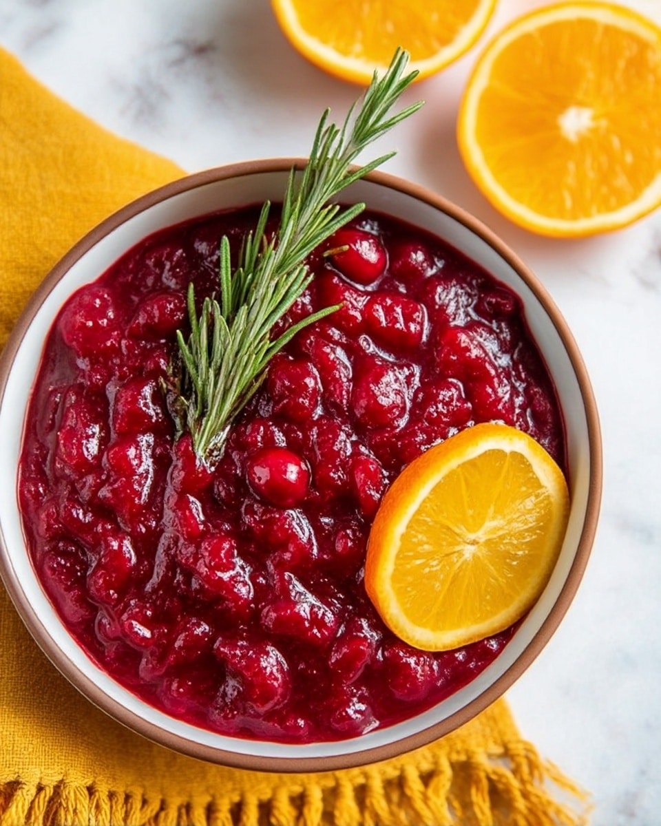 A bowl filled with thick, bright red cranberry sauce that has a chunky, slightly shiny texture. On top of the sauce, near the edge of the bowl, rests a fresh green rosemary sprig stretching diagonally across the surface. A thin orange slice is placed on the rim of the bowl, adding a pop of yellow and orange color. The bowl is white with a brown rim, sitting on a white marbled surface with two orange halves in the background. A mustard yellow woven cloth with fringed edges is partially visible under the bowl. Photo taken with an iphone --ar 4:5 --v 7