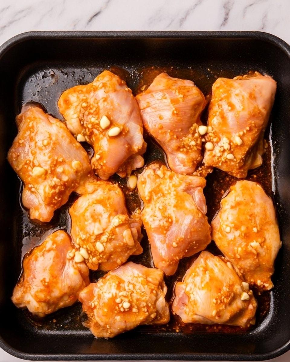 The image shows a black baking pan filled with eight cooked pieces of chicken with a golden orange glaze. Each piece is topped with small chopped green onions. There are four thin lemon slices placed around the chicken, between the pieces and near the edges of the pan. The pan is sitting on a white marbled surface. The chicken pieces have a slightly sticky texture, and bits of cooked garlic or onion are scattered in the pan. photo taken with an iphone --ar 4:5 --v 7