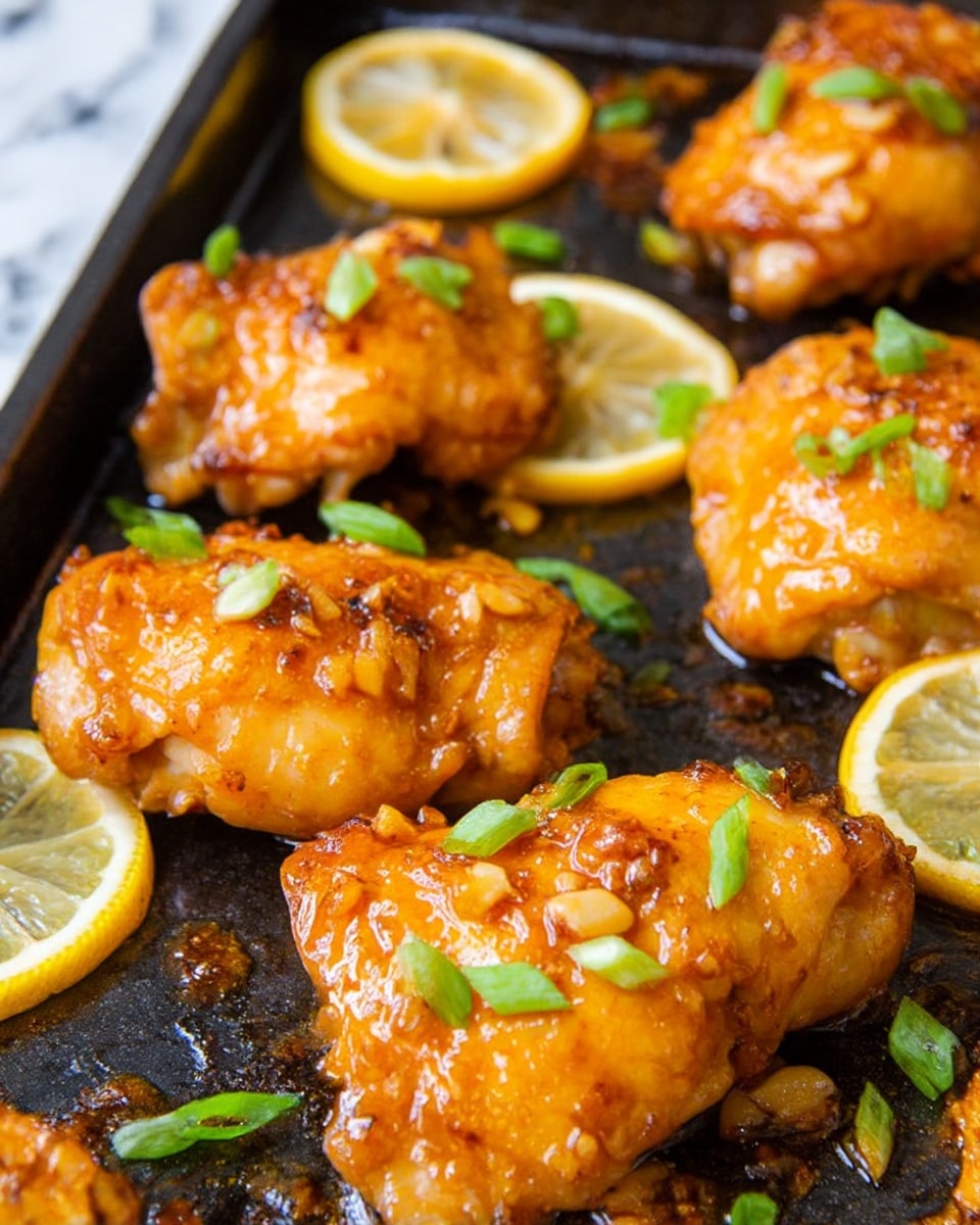 The image shows several pieces of cooked chicken thighs with a shiny orange glaze that looks sticky and full of small bits of garlic. The chicken pieces are spread over a dark baking tray with some small browned areas, and they are garnished with slices of yellow lemon and chopped green onions scattered on top. The texture of the chicken looks slightly crispy in spots with a moist inside, and the lemon slices add fresh color contrast around the edges of the chicken pieces. The background is a white marbled surface. photo taken with an iphone --ar 4:5 --v 7