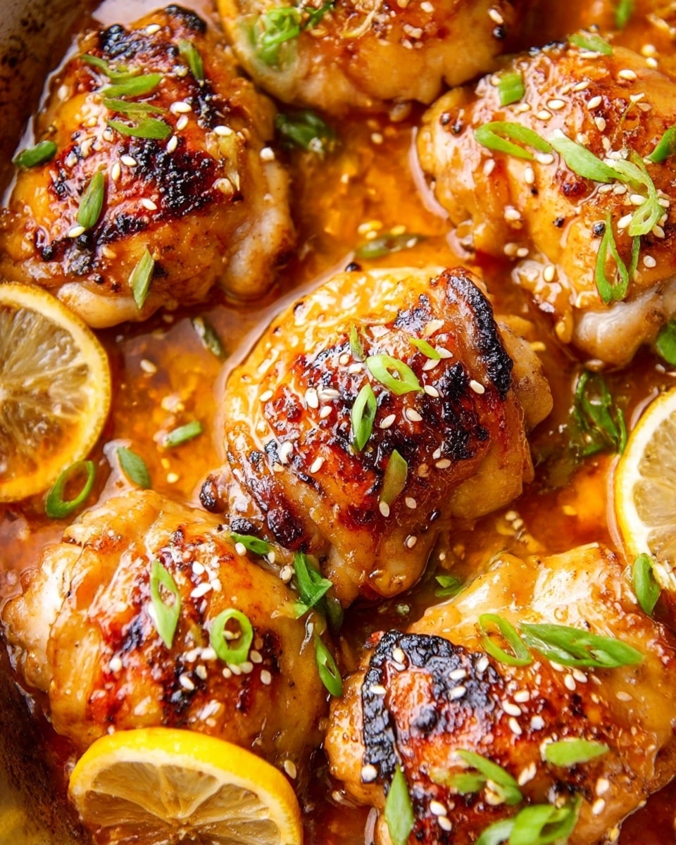 Two pieces of grilled chicken thighs with a shiny orange glaze and brown charred spots sit on a white plate. The chicken is topped with sesame seeds and small green onion pieces. Under the chicken are slices of bright yellow lemon and mixed roasted vegetables including green broccoli, orange carrots, and light green zucchini. The plate rests on a white marbled surface next to an orange cloth napkin and a gold spoon. Photo taken with an iphone --ar 4:5 --v 7