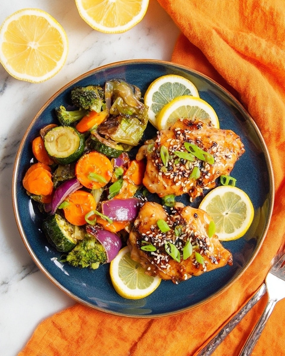 The image shows several pieces of golden brown cooked chicken thighs with charred grill marks, arranged closely together on a glossy orange sauce. The chicken thighs have a shiny texture from the sauce coating. Scattered on top are small green onion slices and white sesame seeds. Slices of lemon wedges are placed among the chicken, adding a light yellow color contrast. The background is a white marbled texture, highlighting the warm tones of the dish. Photo taken with an iphone --ar 4:5 --v 7
