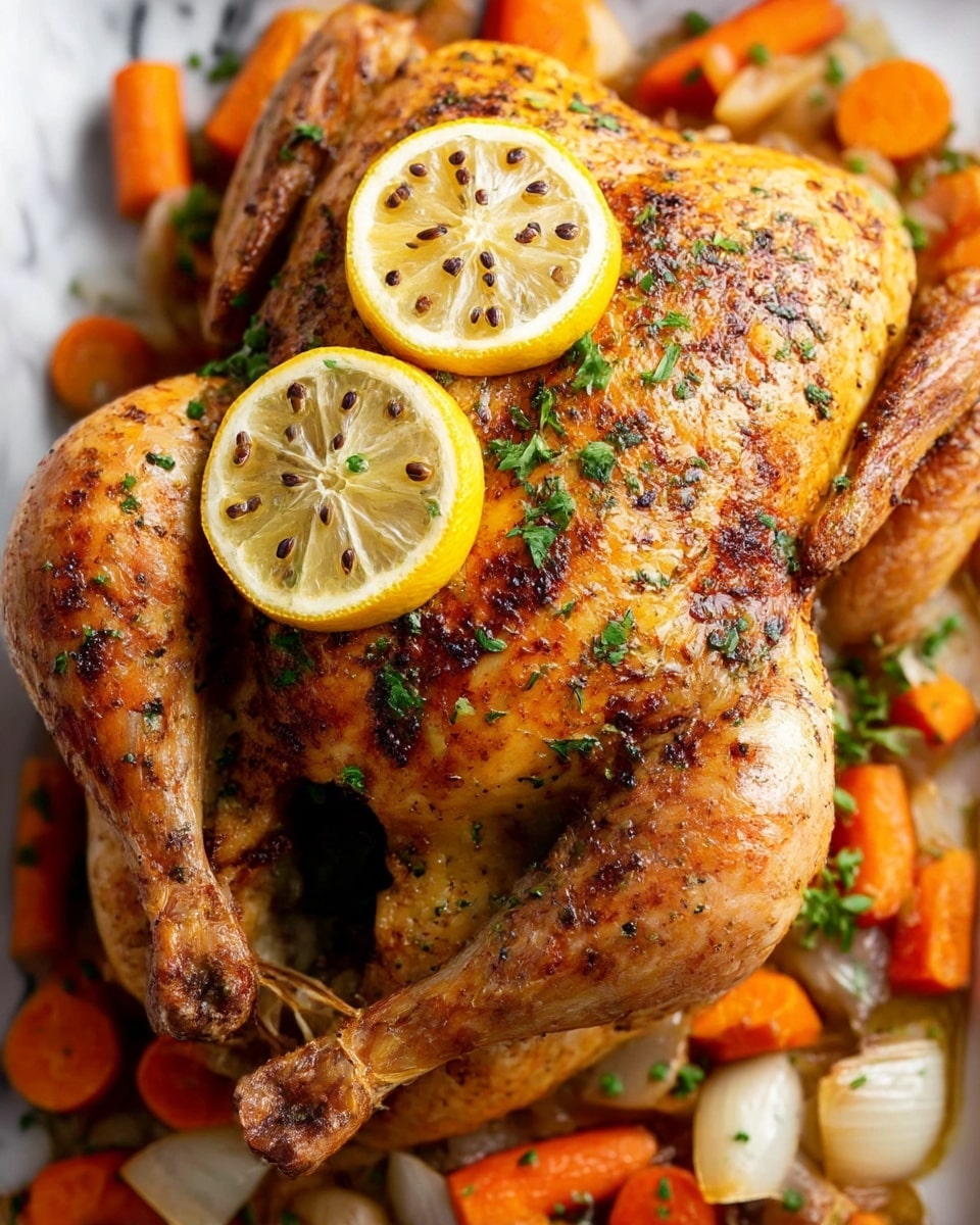 A close-up of a white round plate with two pieces of cooked chicken legs, golden brown with herbs sprinkled on top. Around the chicken, there are thick slices of bright orange cooked carrots and small pieces of translucent cooked onions. A slice of lemon with green herb bits on it is placed near the chicken. In the background, there is a dark baking tray with more cooked vegetables and a whole cooked chicken on a white marbled surface. Photo taken with an iphone --ar 4:5 --v 7
