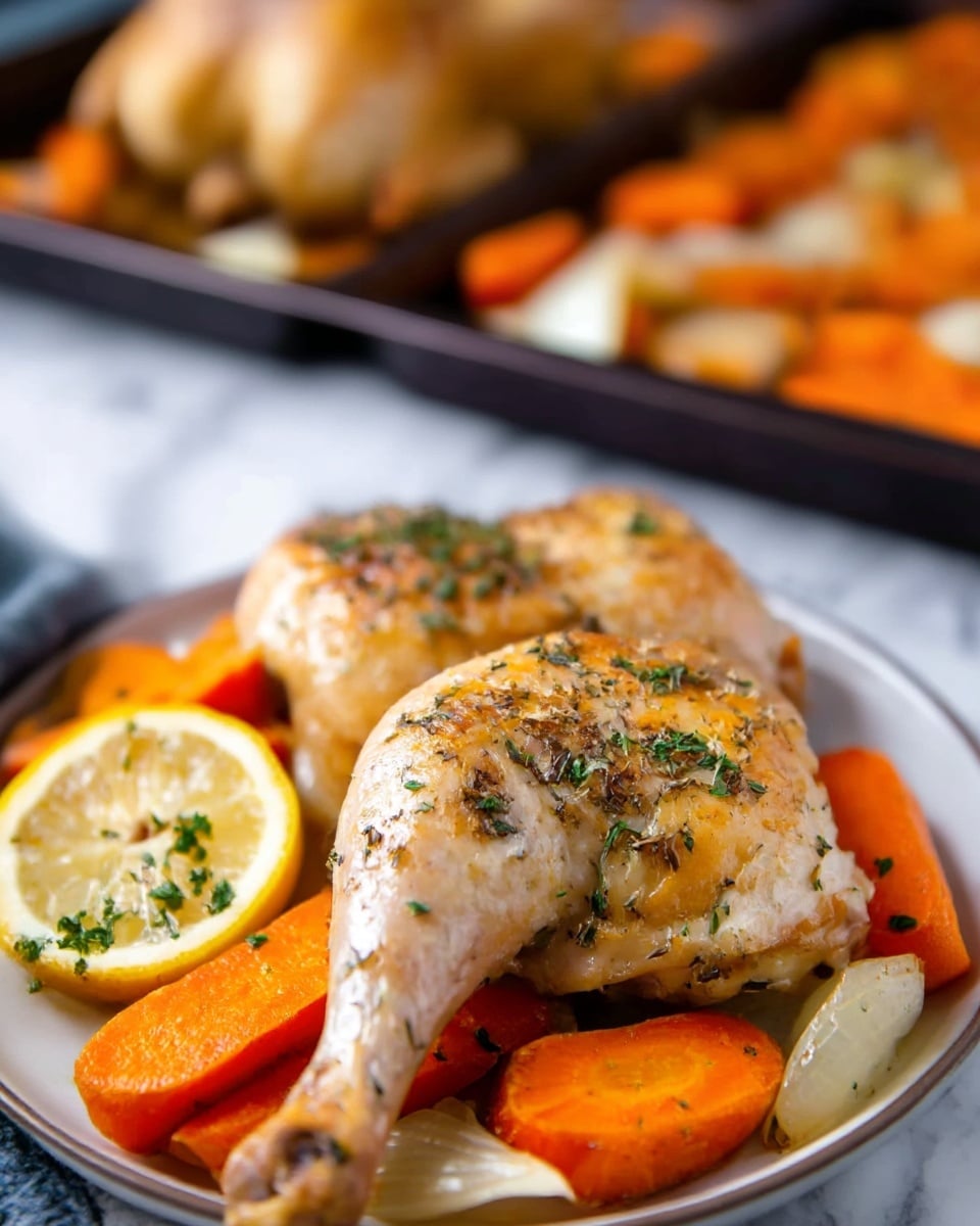 A whole cooked chicken lies center on a white marbled surface, its skin golden brown and evenly roasted with a slight char in some areas, sprinkled with green herbs for garnish. Two thin lemon slices with seeds and fresh green herbs rest on top of the chicken, adding a touch of bright yellow and texture. Surrounding the chicken are round, thick carrot slices mixed with small chunks of white onion, both slightly cooked and softened, creating a colorful and hearty base around the bird. photo taken with an iphone --ar 4:5 --v 7