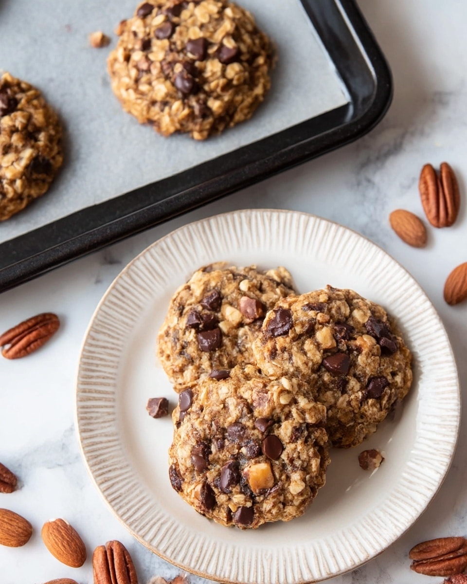 The image shows several rustic chocolate chip cookies on a baking sheet with a brown parchment paper base. Each cookie is rough-textured with visible oats, small dark chocolate chips scattered throughout, and a mix of light brown and darker brown colors, suggesting a chewy texture. Around the cookies are whole almonds and pecan halves, adding natural earthy tones to the composition. The cookies are placed close together, showing their uneven and chunky shapes. photo taken with an iphone --ar 4:5 --v 7