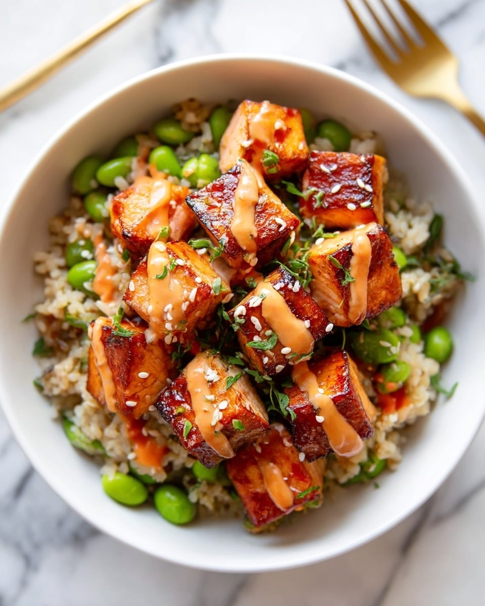A white bowl filled with a base layer of light brown rice mixed with green edamame beans, topped with several pieces of grilled salmon cubes that have a caramelized, slightly charred surface. The salmon is drizzled with a light orange sauce and a reddish sauce, garnished with white sesame seeds and small green herb bits. The bowl sits on a white marbled surface with part of a gold fork visible in the background. photo taken with an iphone --ar 4:5 --v 7