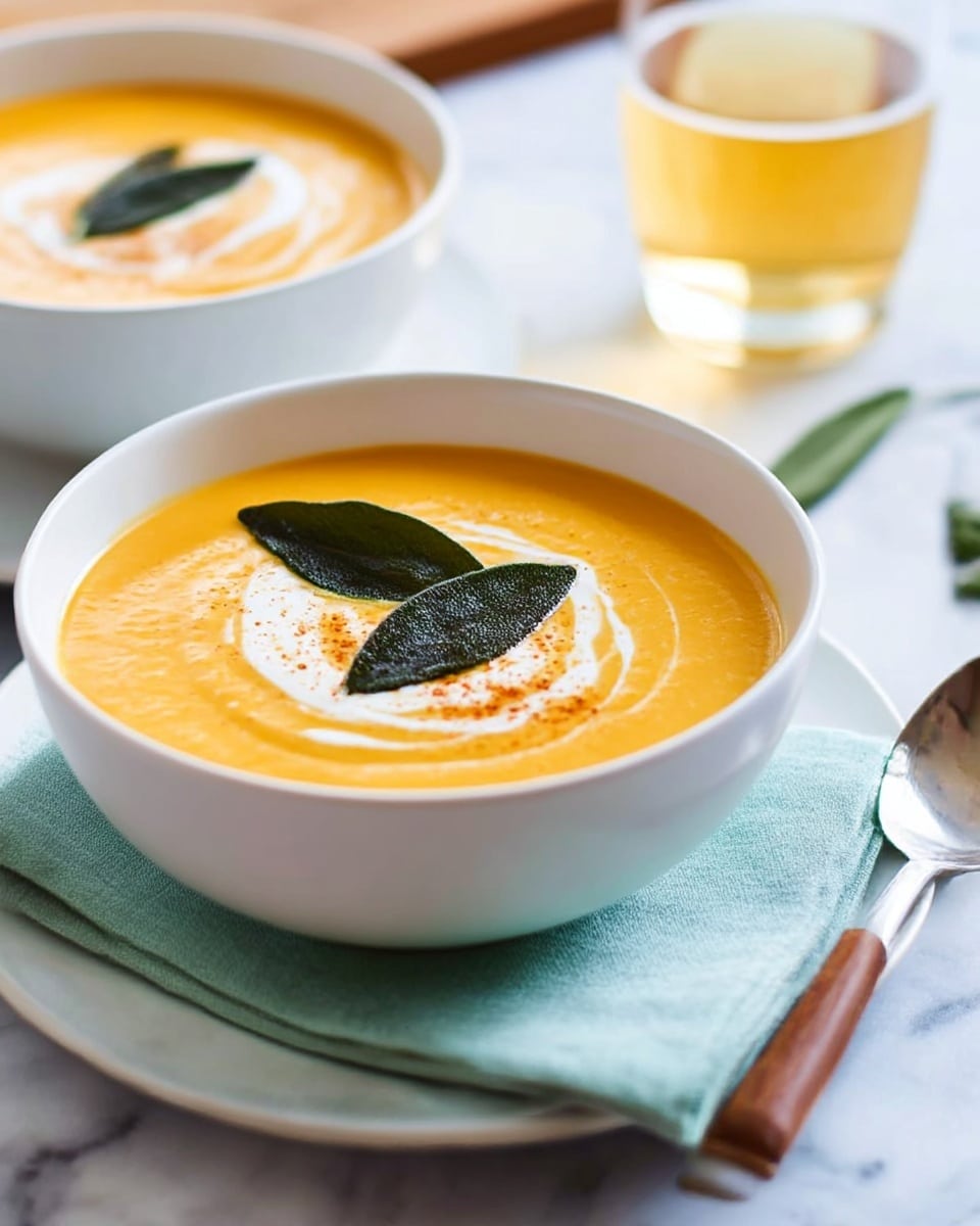 The image shows two white bowls filled with smooth, creamy orange soup, each bowl topped with a swirl of white cream and two dark green, crispy sage leaves placed in the center. The bowls rest on a white plate layered with a light turquoise napkin. In the background, a blurred glass of light golden drink sits on a white marbled surface, adding warmth to the scene. A wooden spoon with a silver handle lies on the napkin beside the front bowl. The soup has a slightly thick texture with a light sprinkle of fine brown spices on the cream. Photo taken with an iphone --ar 4:5 --v 7