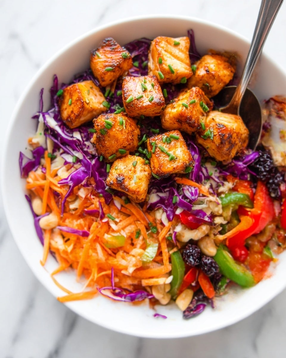A white bowl filled with three main layers: the bottom layer is a colorful mix of shredded purple cabbage, thin orange carrot strips, green sliced peppers, and pieces of red bell pepper, with some light nuts and dried dark berries scattered throughout. The top layer shows golden brown grilled salmon cubes with slight char marks, garnished with small chopped green herbs. A silver spoon is placed in the bowl on the right side, and the background is a white marbled surface. Photo taken with an iphone --ar 4:5 --v 7