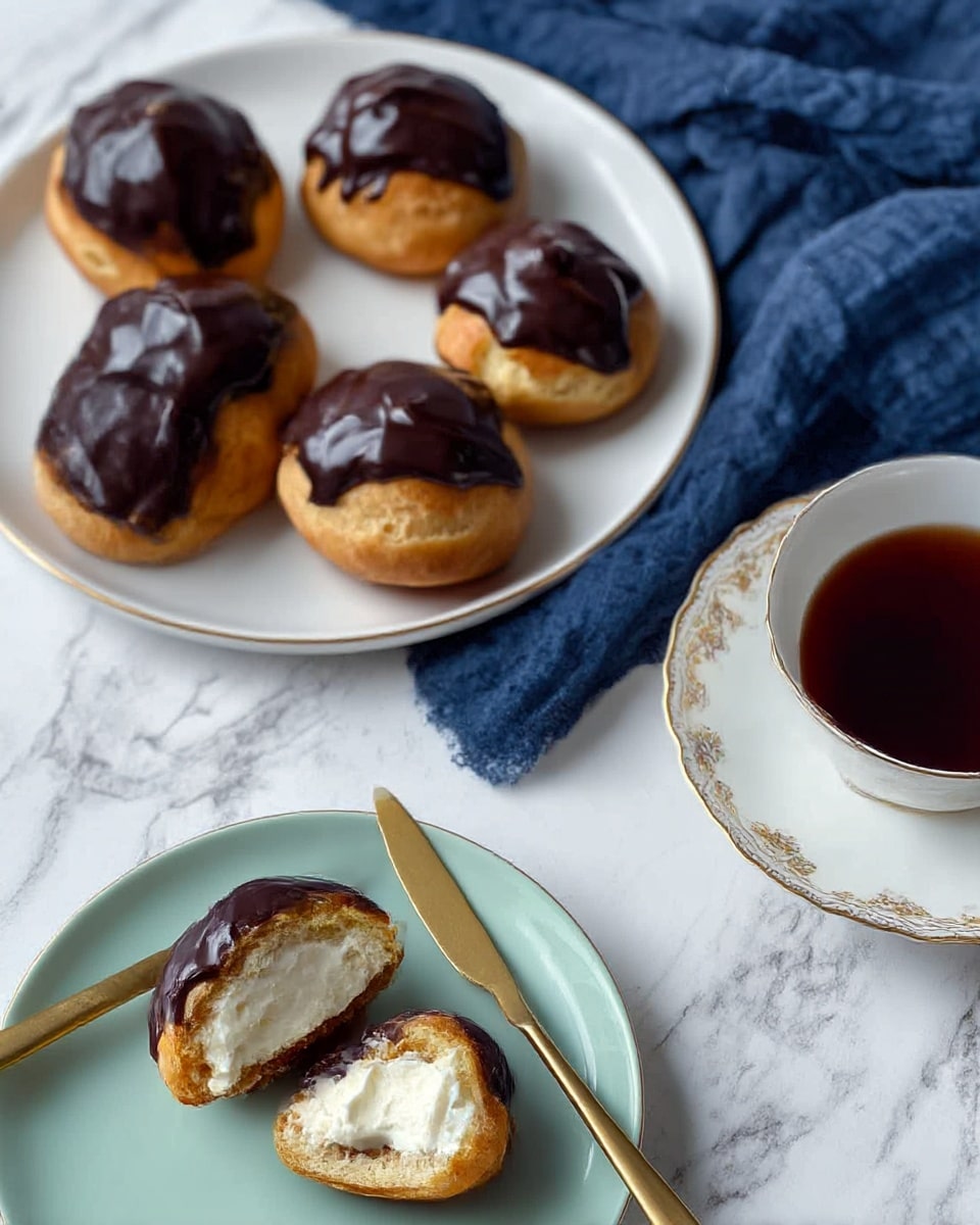 The image shows seven cream puffs arranged on a shiny gold tray with a simple lined pattern. Each cream puff has two main layers: a light golden-brown round base made of choux pastry with a rough texture and a thick, shiny dark chocolate layer on top that looks smooth and slightly uneven. The tray is placed on a white marbled surface, and in the background, there is a pale pink cloth with two white plates and golden forks resting on top. photo taken with an iphone --ar 4:5 --v 7