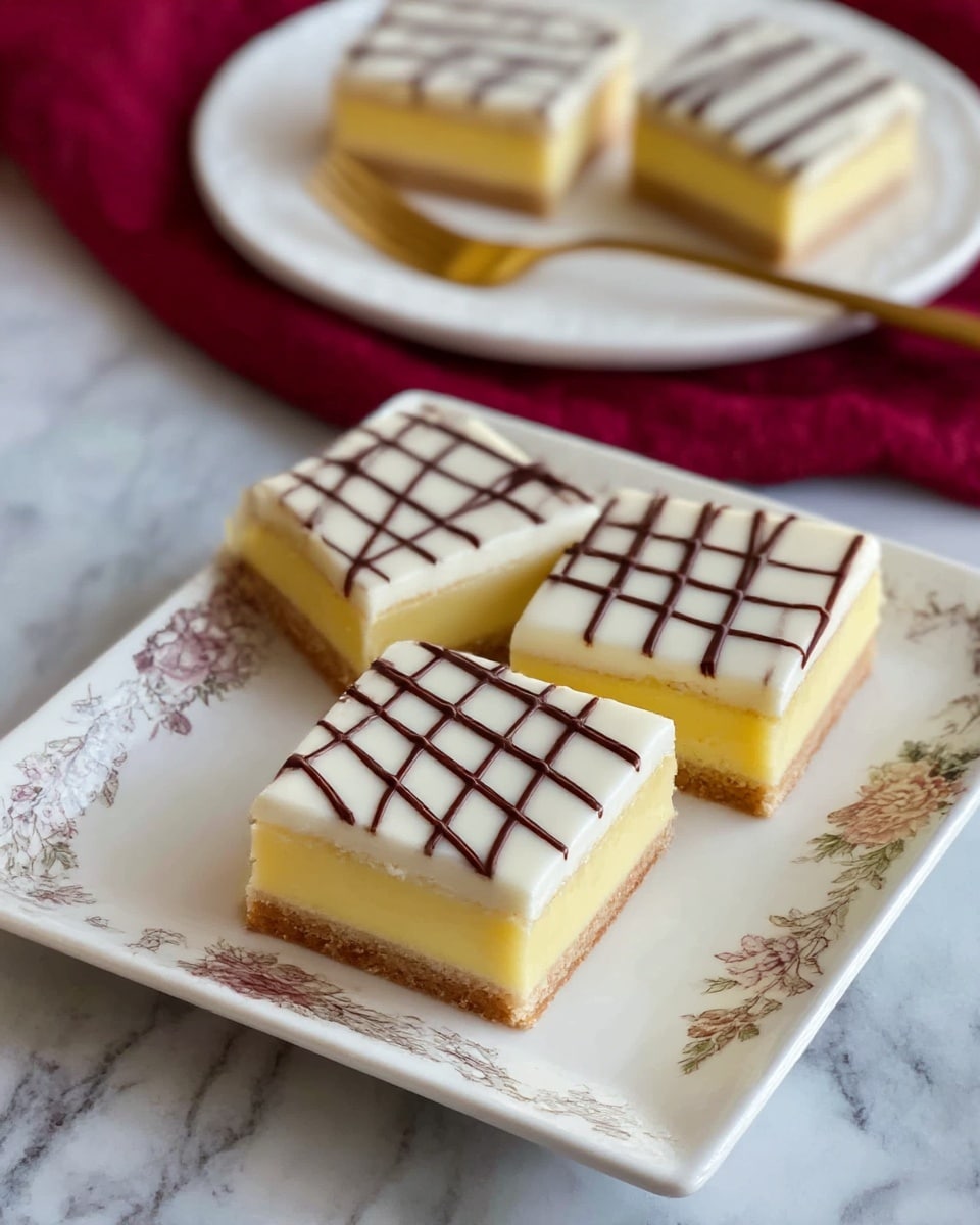 Three square pieces of dessert are placed side by side on a white rectangular plate with floral patterns around the edge. Each piece has three layers: a bottom thin crust layer in light golden brown, a thick middle layer of smooth yellow custard, and a top white icing layer decorated with thin diagonal dark brown chocolate lines that create a crisscross pattern. In the background, there is a white round plate with two more pieces of the same dessert, with a golden fork resting on the plate. Both plates are on a white marbled surface, and there is a dark red cloth underneath the round plate. The photo taken with an iphone --ar 4:5 --v 7