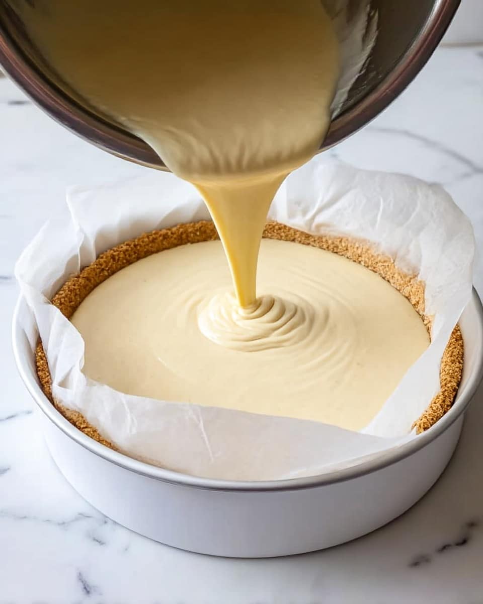 A white round pan lined with white baking paper shows a light brown crumb crust as the bottom layer, with a thick, pale yellow batter being poured smoothly in a steady stream from a metal bowl above, creating a swirled texture where it lands. The pan rests on a white marbled surface that adds a clean, bright background to the image. Photo taken with an iphone --ar 4:5 --v 7