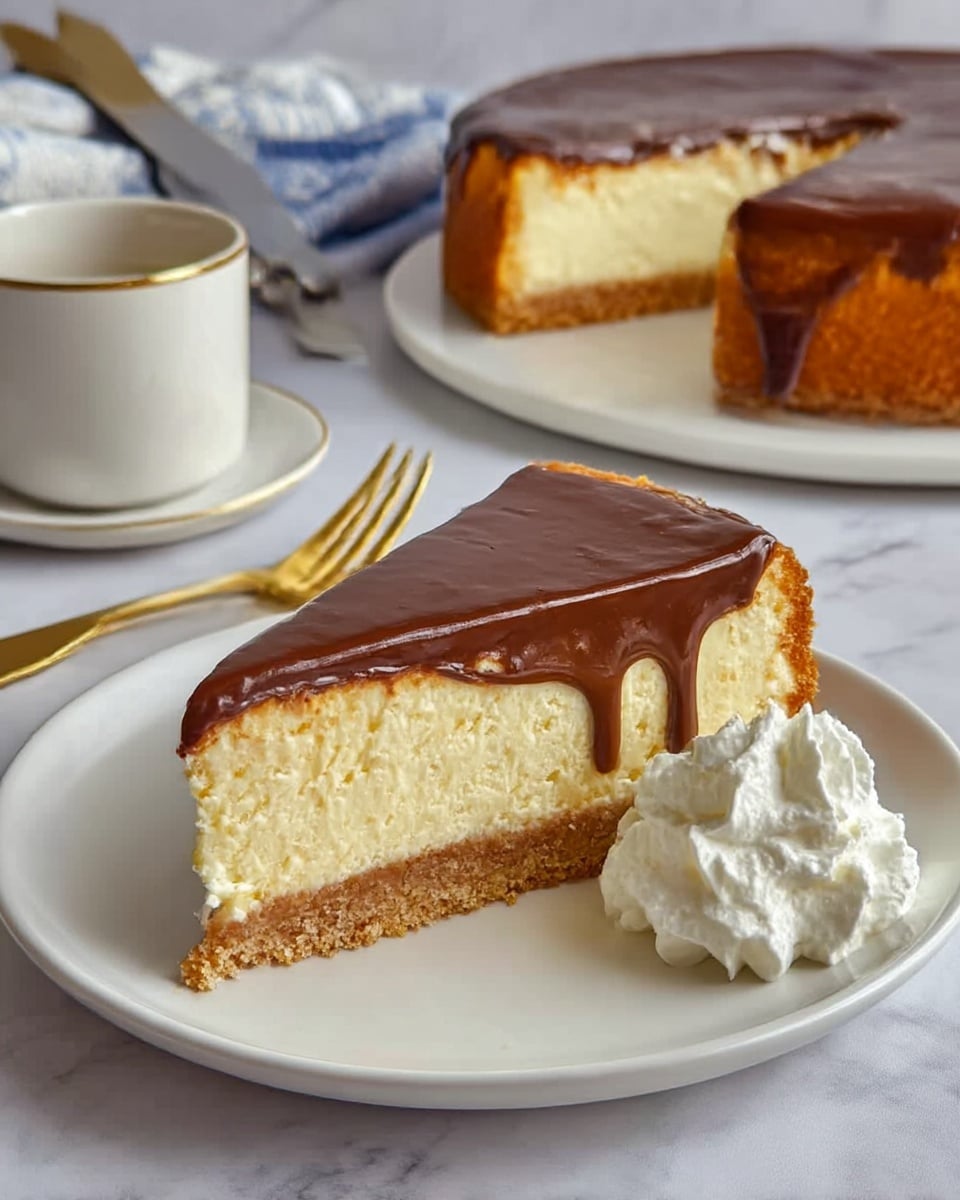 The image shows a slice of cheesecake on a white plate with three layers: a thick, crumbly light brown crust at the bottom, a creamy pale yellow middle cheesecake layer, and a smooth dark brown chocolate layer on top that slightly drips over the edge. Next to the cheesecake slice is a dollop of white whipped cream with a soft texture. In the background, there is a whole cheesecake with the same layers on a white plate, sitting on a white marbled surface. A gold fork and a white coffee cup are also visible, along with a knife near the whole cheesecake. Photo taken with an iphone --ar 4:5 --v 7