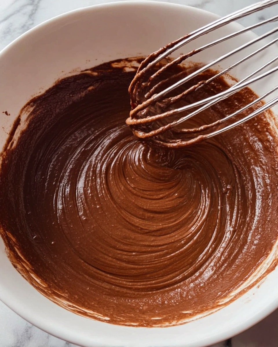 A close-up view of smooth chocolate batter inside a white bowl with a thick, creamy texture. The batter is dark brown and shiny, spread evenly across the bowl. A metal whisk is partially immersed in the batter, lifting some of it, showing a swirl pattern where it has been mixed. The background is a white marbled surface. photo taken with an iphone --ar 4:5 --v 7