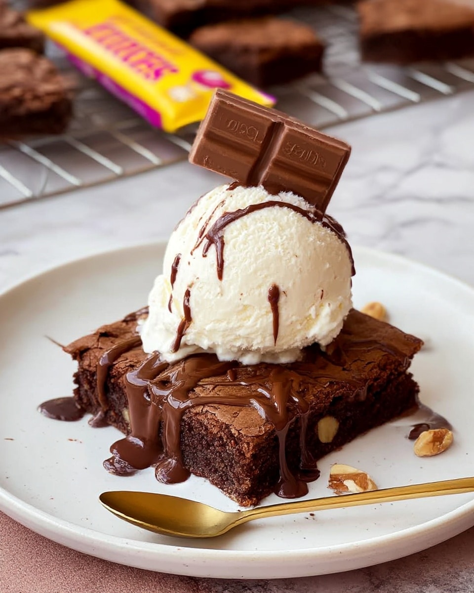 A square piece of dark brown brownie with a slightly cracked top sits on a white plate with a few small nut pieces around it. On top of the brownie is a large, round scoop of smooth white vanilla ice cream. The ice cream is drizzled with melted chocolate, which also drips slightly onto the brownie and plate. A small rectangular piece of milk chocolate leans against the top of the ice cream. A gold spoon is placed next to the brownie on the plate. In the background, there is a wire rack with more brownies and a yellow and purple chocolate bar wrapper on a white marbled surface. photo taken with an iphone --ar 4:5 --v 7