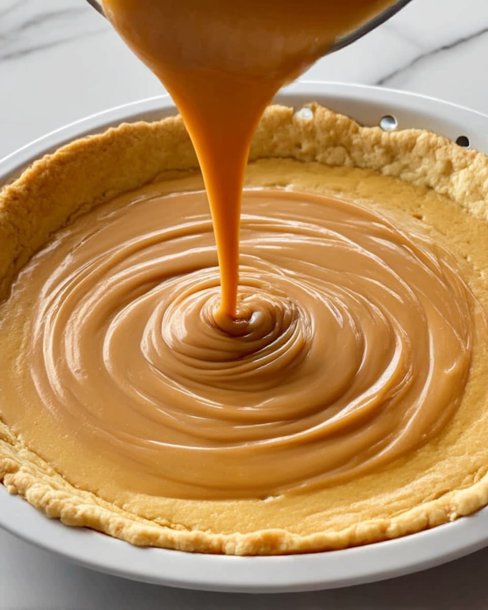A close-up view of a white round pie pan filled with a baked golden crust that has a slightly uneven edge and small holes on its surface. Thick, smooth, light brown caramel-like filling is being poured in the center, creating gentle swirl patterns as it spreads evenly across the crust. The background is a white marbled texture, keeping focus on the pie and filling. photo taken with an iphone --ar 4:5 --v 7