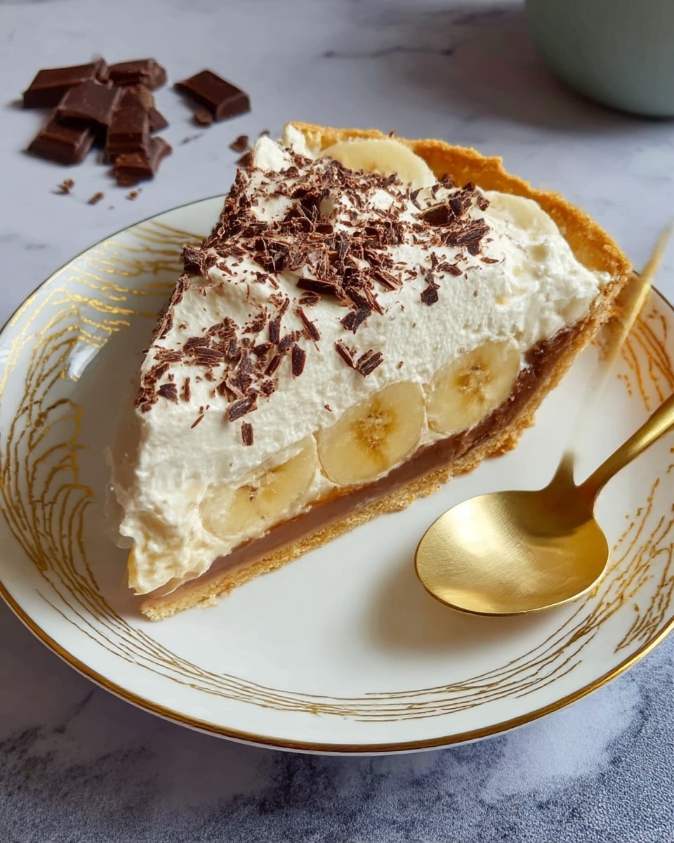 A round pie with a golden-brown crust forms the base, topped with a layer of evenly sliced yellow bananas arranged in a circle. Above the bananas is a layer of fluffy white whipped cream spread thickly, sprinkled with dark brown chocolate shavings covering the surface. A slice is removed and placed on a white plate with a gold swirl pattern, next to a small golden spoon. Beside the pie is a small white bowl filled with extra chocolate shavings. The pie and plate are set on a white marbled surface with a soft pink cloth and gold spoon nearby. Photo taken with an iphone --ar 4:5 --v 7