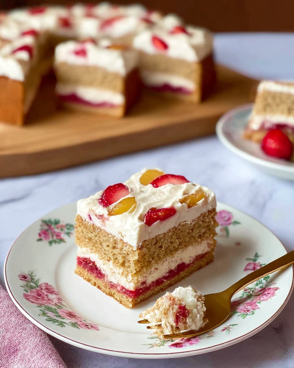 A wooden board holds a dessert cut into 11 rectangular pieces, each showing a golden-brown crust base topped with a creamy, light beige layer that has scattered red and yellow fruit chunks baked within it. One piece is placed near the top left corner, separate from the rest, and another is slightly pulled away at the bottom right of the cutting board. To the top left, three whole red plums rest on the table. The board sits on a white marbled textured surface with a visible metal knife with a wooden handle lying to the right side. At the bottom left, there is a white plate with a soft pink floral pattern holding two golden forks. A red cloth napkin is partially visible below the plate. Photo taken with an iphone --ar 4:5 --v 7