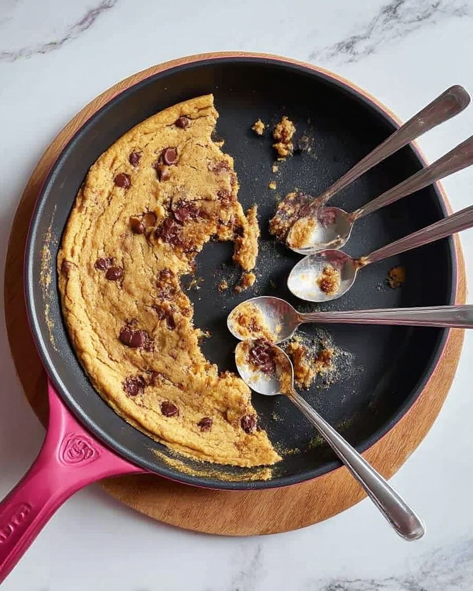 A round black pan with a pink handle sits on a wooden board over a white marbled surface. Inside the pan is a mostly eaten golden brown cookie with chocolate chips, showing a slightly uneven edge where pieces have been taken. The cookie layer is thin and spread along the edges of the pan with some melted chocolate spots visible. Four silver spoons rest on the pan's surface, some with small bits of cookie on them, arranged loosely in the center on top of the bare pan space where the cookie is mostly gone. photo taken with an iphone --ar 4:5 --v 7