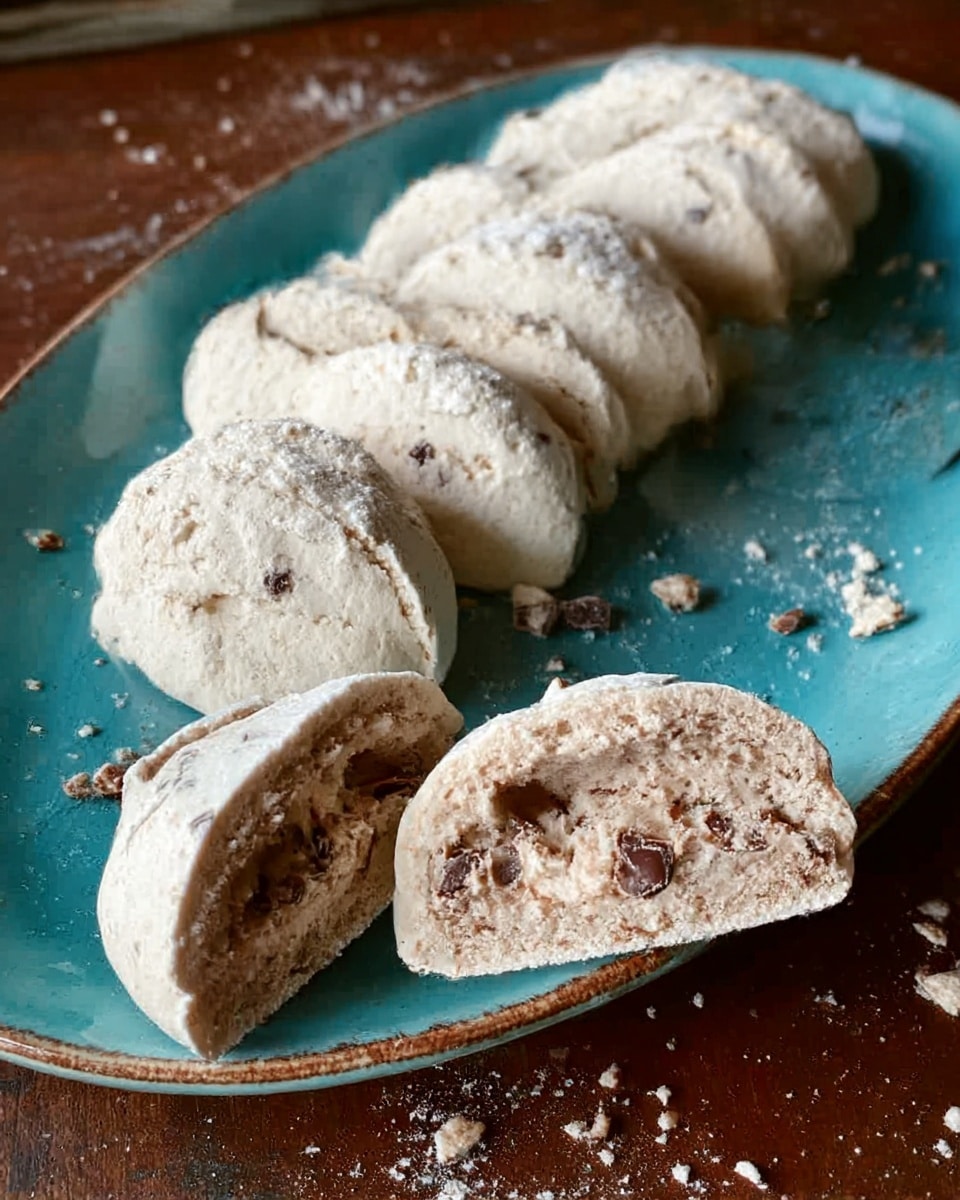 A turquoise plate holds a neat row of seven light beige meringue cookies with rough, cracked surfaces, each showing small dark chocolate bits inside. In front, two meringues are broken in half, revealing a soft, slightly crumbly texture with visible chunks of melted chocolate within a pale brownish dough. The plate sits on a wooden table scattered with cookie crumbs, adding a rustic feel to the scene. photo taken with an iphone --ar 4:5 --v 7