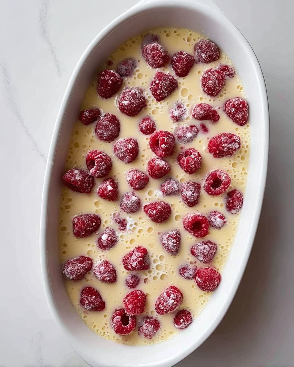 An oval white dish filled with a smooth, pale yellow custard base that almost covers the surface, topped evenly with fresh red raspberries slightly sinking into the custard. The custard has a creamy texture showing small bubbles and a few white spots indicating light mixing or sprinkling on top. The dish sits on a white marbled surface that contrasts softly with the rich colors of the custard and berries. photo taken with an iphone --ar 4:5 --v 7
