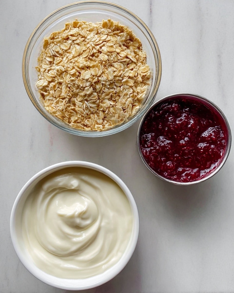 Three containers sit on a white marbled surface. The top container is a clear glass bowl filled with dry, golden-brown oats that have a rough texture. On the left below it, there is a white round container holding smooth, thick, white yogurt with gentle swirls on the surface. To the right of the yogurt, there is a small silver pot filled with a dark red, glossy berry sauce that has a chunky texture with visible bits of fruit. photo taken with an iphone --ar 4:5 --v 7