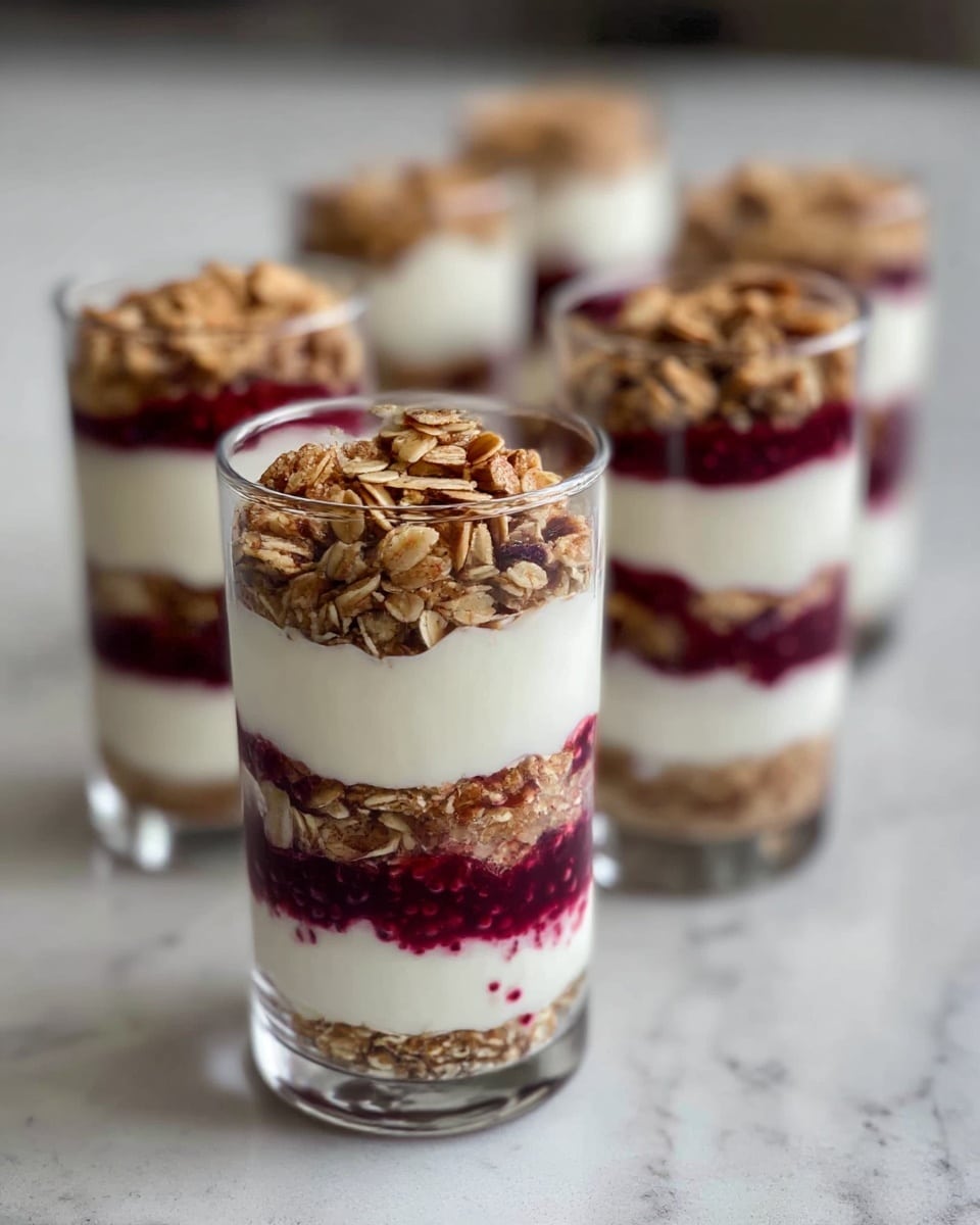 The image shows five clear tall glasses filled with a layered dessert placed on a white marbled surface. Each glass has five layers: the bottom layer is white and creamy, followed by a dark red berry sauce with some texture, then a golden-brown crunchy granola layer, another creamy white layer, and topped with a final granola layer. The layers are cleanly separated and visible through the transparent glasses. Two silver spoons are placed to the left side of the front glass, adding to the setup. The colors are warm and inviting with a soft natural light. photo taken with an iphone --ar 4:5 --v 7