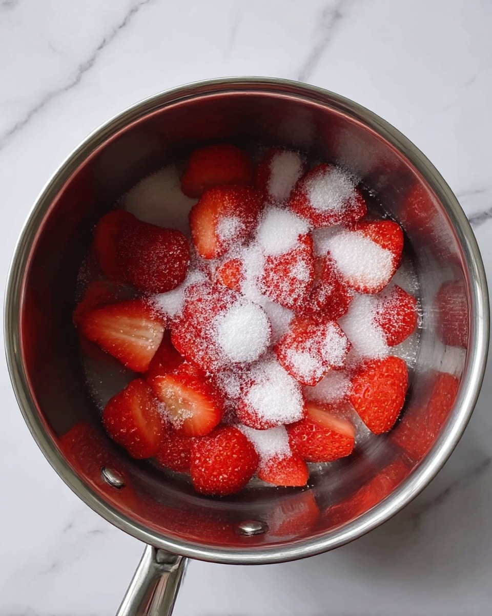 A clear glass filled with two main layers: the bottom layer is thick and creamy white, topped by a layer of red berry sauce with small berry pieces, showing a mix of smooth and slightly textured surfaces. A spoon holds a scoop of the creamy white layer with some red berry sauce, positioned above the glass. The glass rests on a white plate with a blue and white floral napkin and a fresh red strawberry beside it. The background shows a white marbled surface with a blue bowl of fresh strawberries and a pink cloth in soft focus. photo taken with an iphone --ar 4:5 --v 7