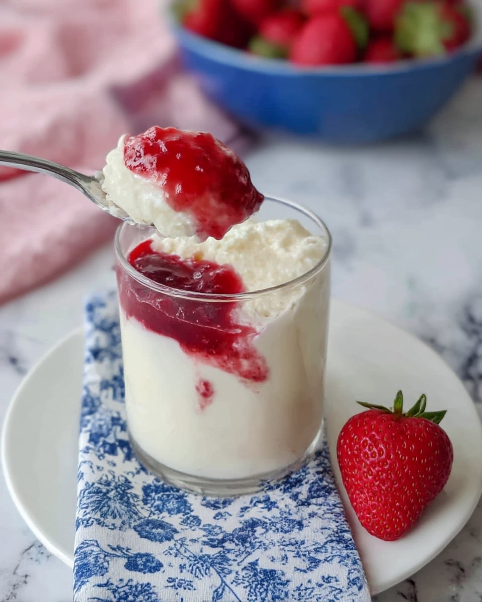 A clear glass holds a two-layer dessert placed on a white plate with a blue and white floral napkin underneath. The bottom layer is creamy white with a smooth texture and tiny black vanilla specks, while the top layer is a thick, chunky deep red strawberry sauce covering the entire surface. A fresh, whole bright red strawberry sits on the plate next to the glass. To the right, there is a white bowl with fresh strawberries, and a pink textured cloth is draped in the background on a white marbled surface. A shiny metal spoon rests on the plate next to the glass. Photo taken with an iphone --ar 4:5 --v 7