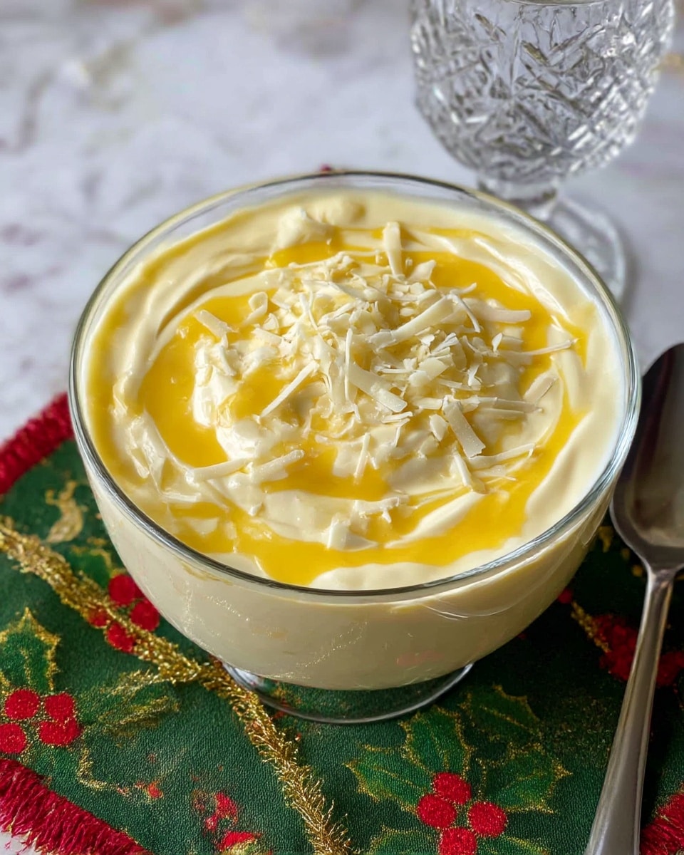 A clear round glass bowl holds a dessert with a thick, creamy pale yellow layer filling most of the bowl, topped with swirls of glossy, golden yellow sauce. White chocolate curls are scattered over the top, adding texture and contrast. The bowl is set on a white marbled surface with a white textured cloth nearby, and two lemon halves are placed behind the bowl, adding a fresh visual hint to the scene. The photo is taken with an iphone --ar 4:5 --v 7