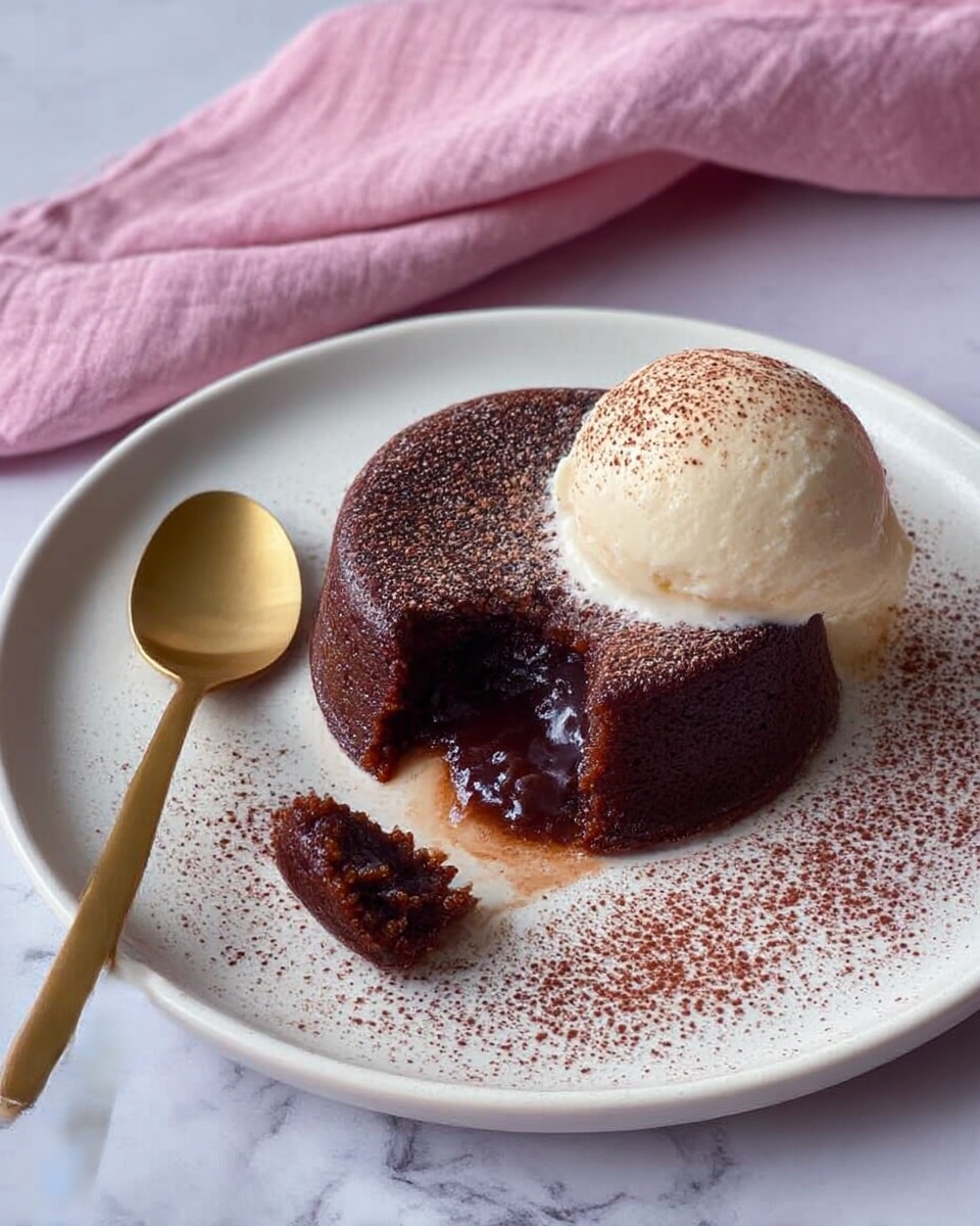A round chocolate cake with a dark, rich color sits on the left side of a white rectangular plate with small black specks and gold dots. The top of the cake is dusted with cocoa powder and has a melted chocolate center visible from a bite taken out of it. On the right side of the plate, there is a large scoop of creamy white ice cream with a textured surface. A golden spoon rests next to the ice cream on the plate. The background is a white marbled surface with a purple checkered cloth partially visible at the top right corner. Photo taken with an iphone --ar 4:5 --v 7