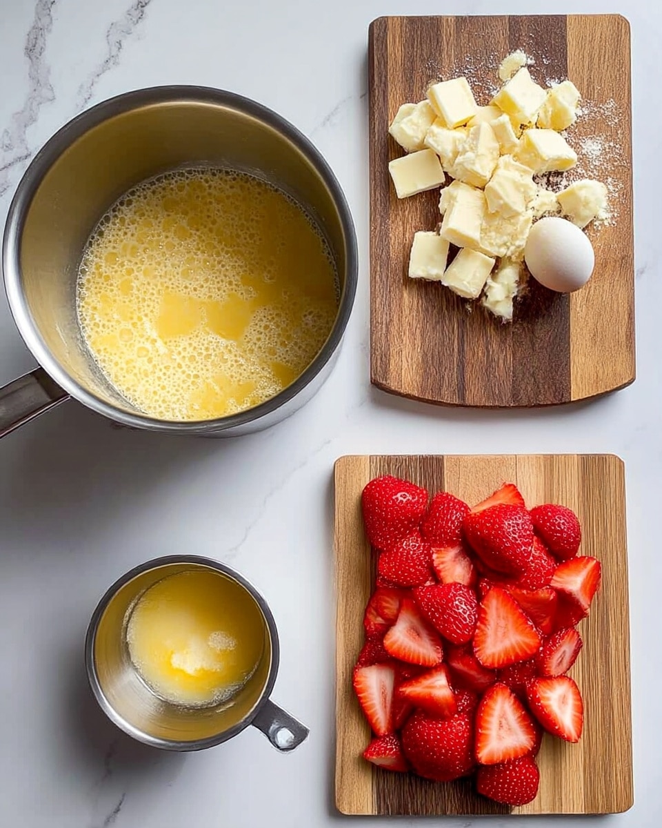 The image shows a cooking setup on a white marbled surface with four main items: a silver pot on the top left filled with a yellow, bubbling mixture, a wooden cutting board on the top right with small chunks of white chocolate, a small metal cup below the pot with beaten eggs, and another wooden cutting board on the bottom right with sliced red strawberries. Each item is neatly placed with clear textures visible, like the smooth metal pot, the grain of the wooden boards, and the juicy texture of the strawberries. photo taken with an iphone --ar 4:5 --v 7